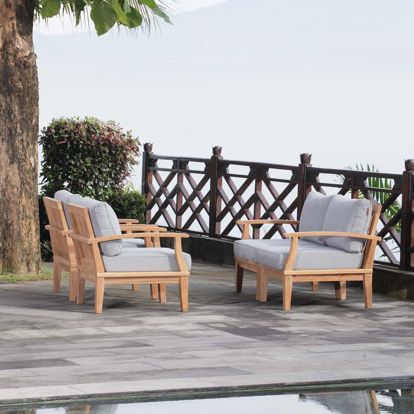 Modway EEI-1818 Marina 4 Piece Outdoor Patio Teak Sofa Set | Outdoor Sofas, Loveseats & Sectionals | 