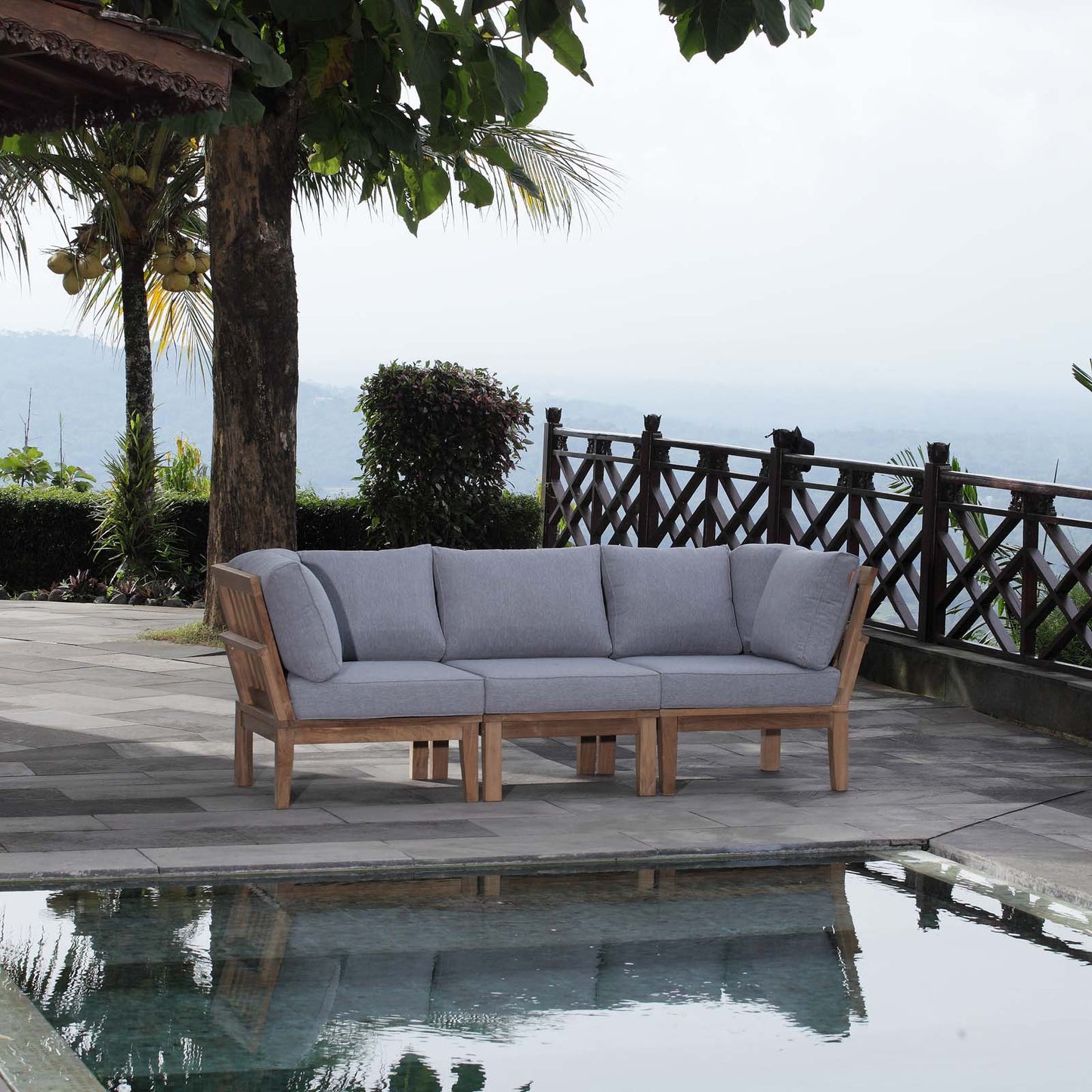 Modway EEI-1820 Marina 3 Piece Outdoor Patio Teak Sofa Set - Natural White | Outdoor Sofas, Loveseats & Sectionals