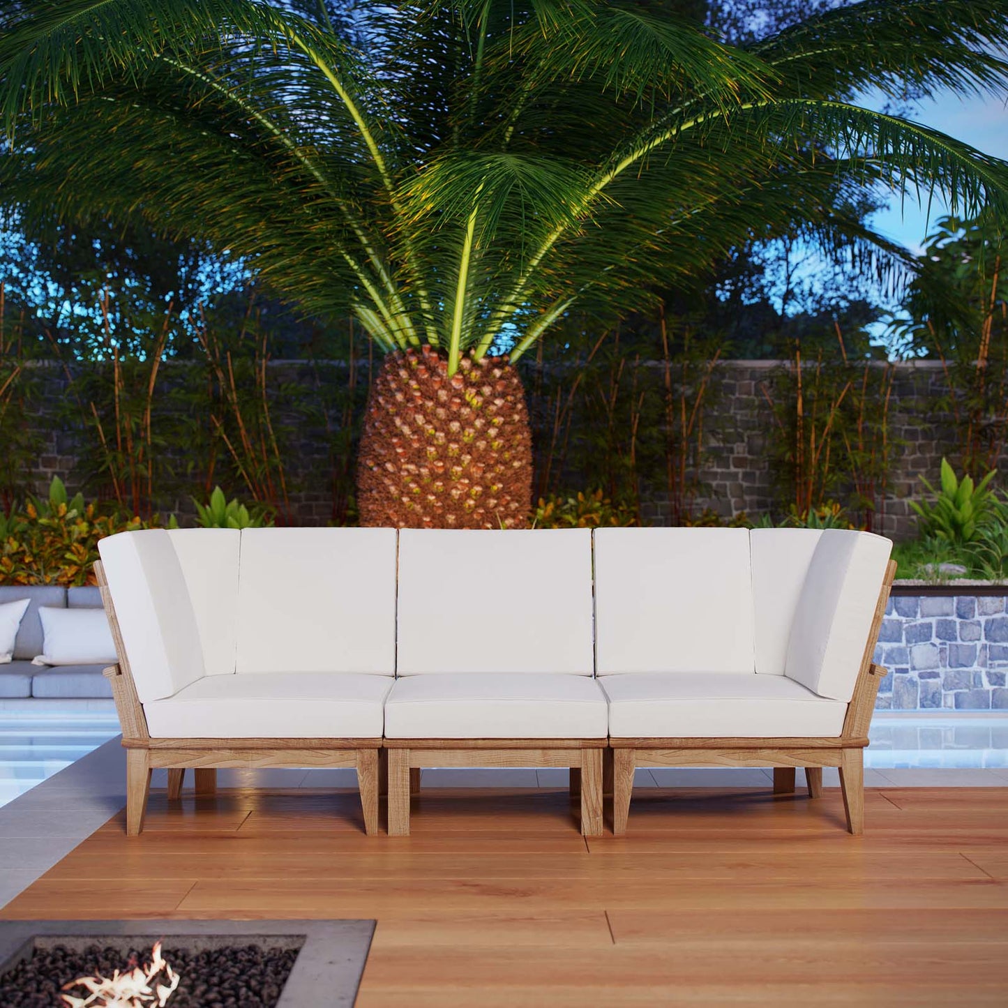 Modway EEI-1820 Marina 3 Piece Outdoor Patio Teak Sofa Set - Natural White | Outdoor Sofas, Loveseats & Sectionals | 