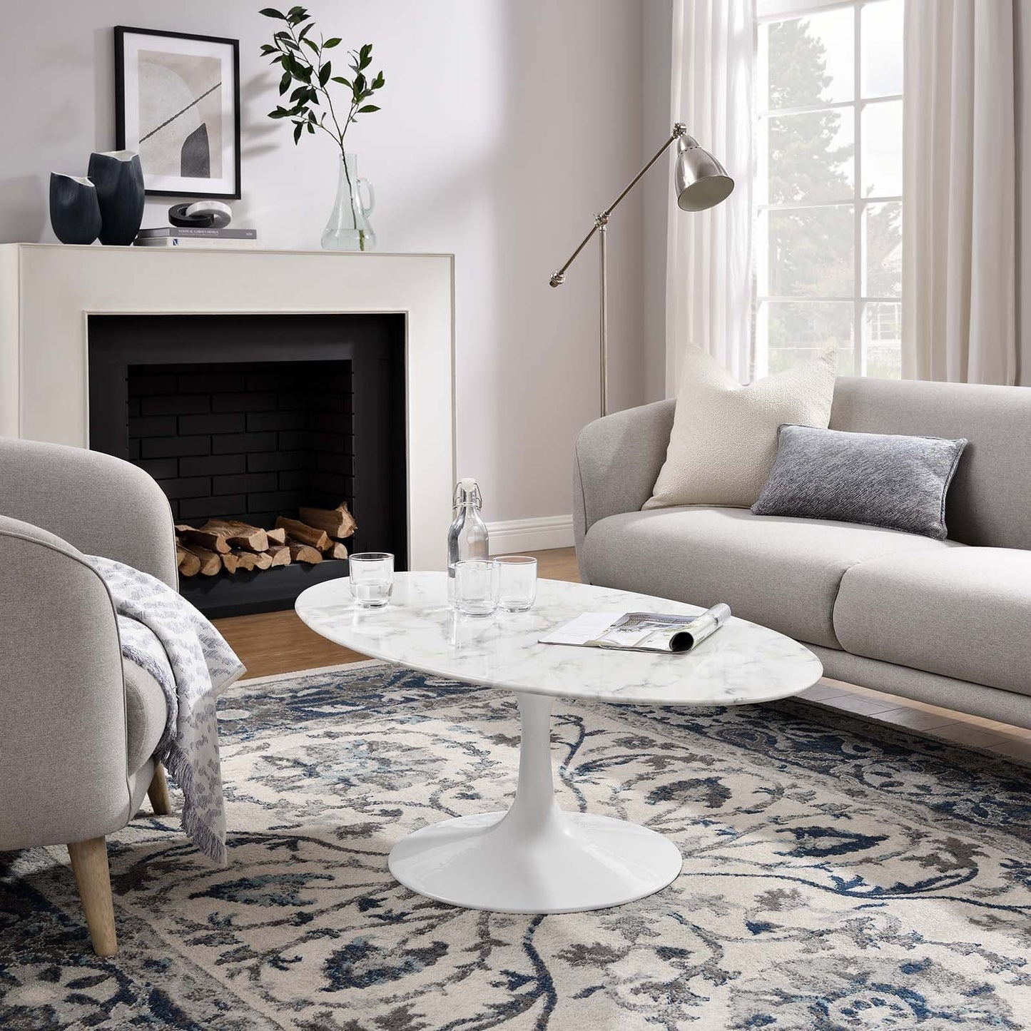 Modway Lippa 48" Oval-Shaped Artificial Marble Coffee Table in White - EEI-2022