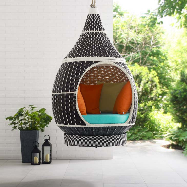 Modway Palace Outdoor Patio Wicker Rattan Hanging Pod In Brown Turquoise | Outdoor Porch Swings | Modishstore