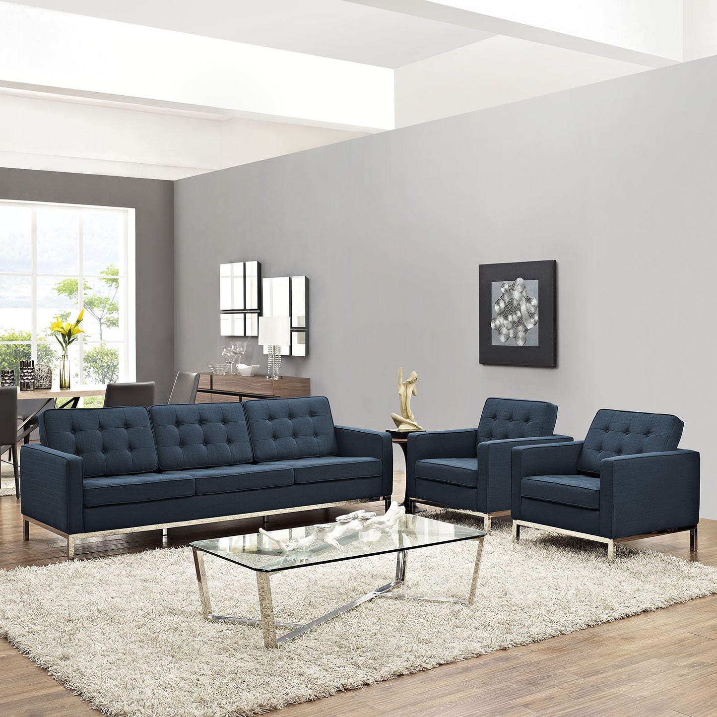 Modway Loft 3 Piece Upholstered Fabric Sofa and Armchair Set