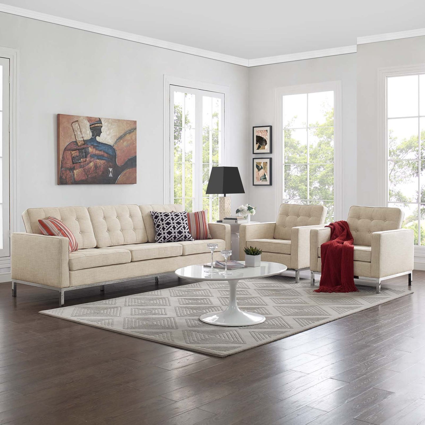 Modway Loft 3 Piece Upholstered Fabric Sofa and Armchair Set