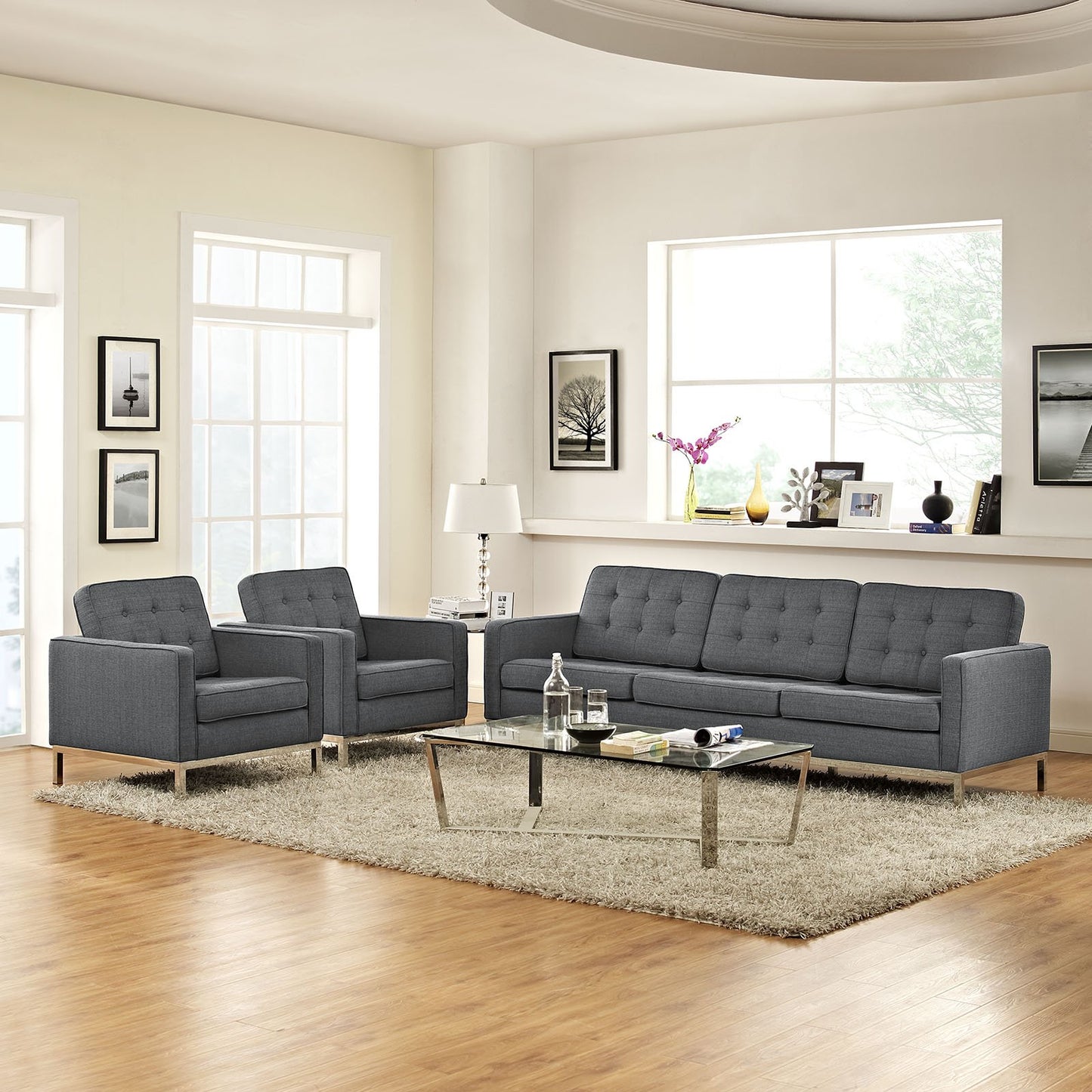 Modway Loft 3 Piece Upholstered Fabric Sofa and Armchair Set