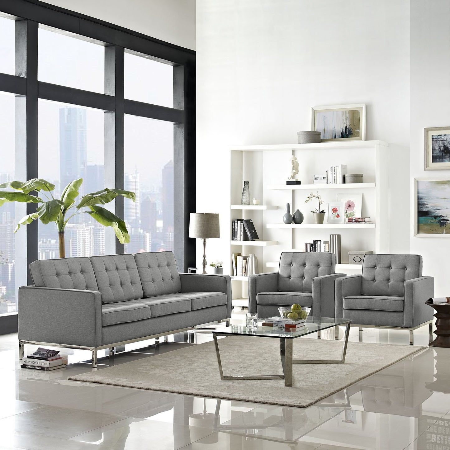 Modway Loft 3 Piece Upholstered Fabric Sofa and Armchair Set