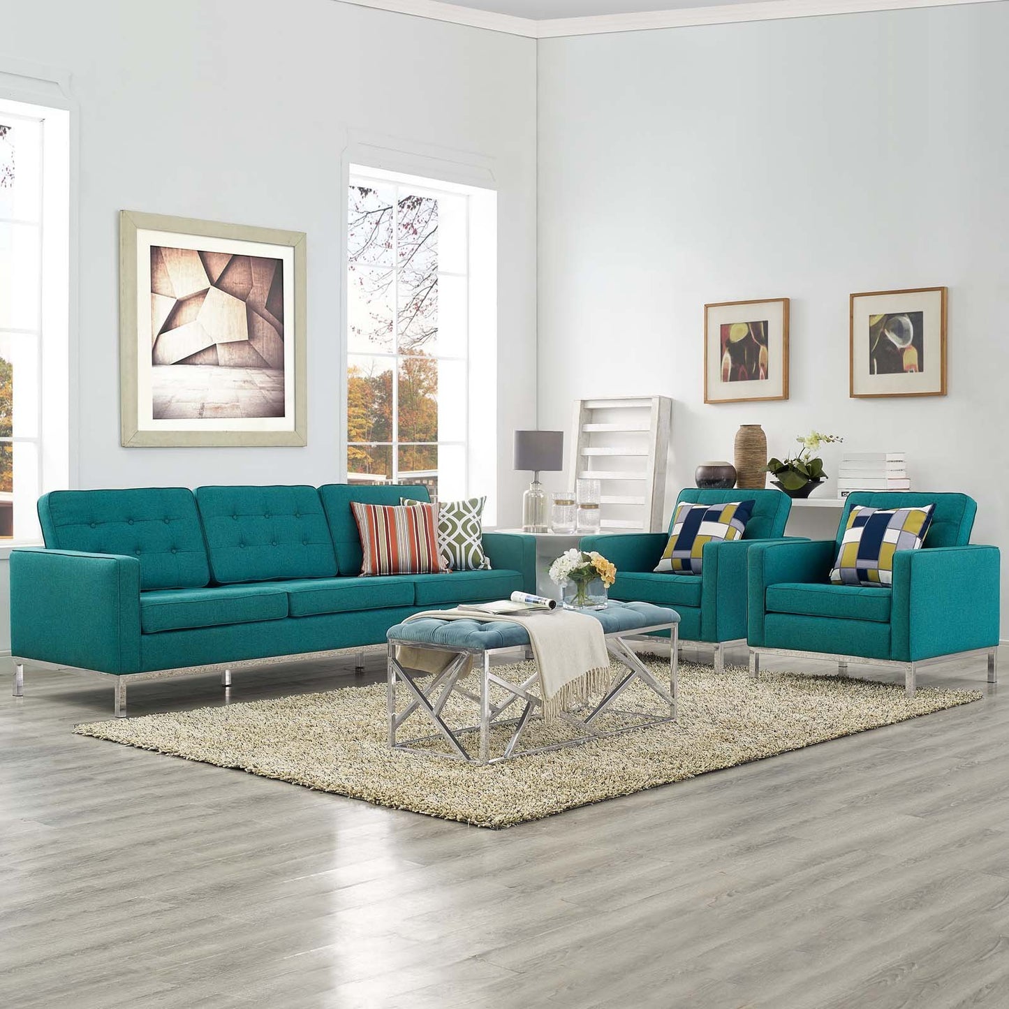 Modway Loft 3 Piece Upholstered Fabric Sofa and Armchair Set