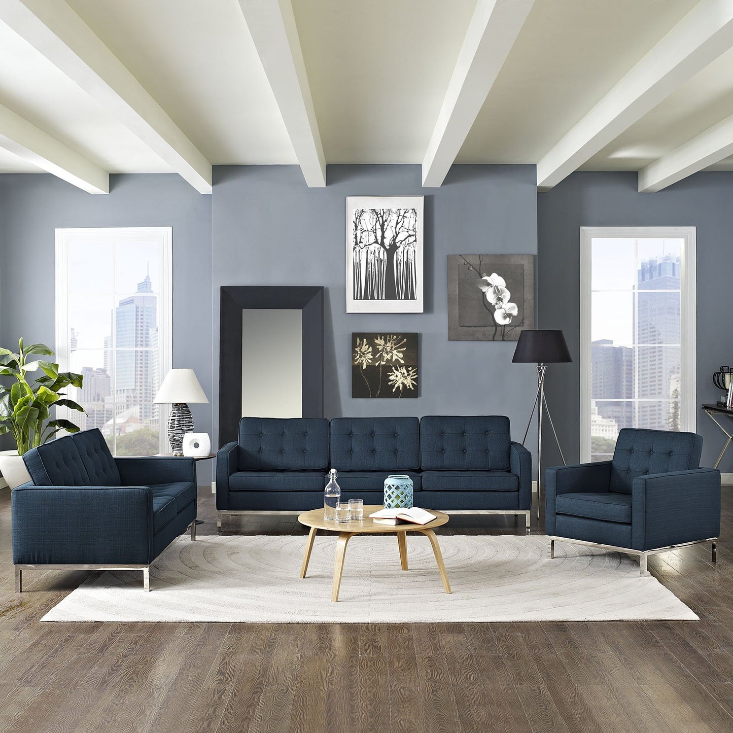 Modway Loft 3 Piece Upholstered Fabric Sofa Loveseat and Armchair Set