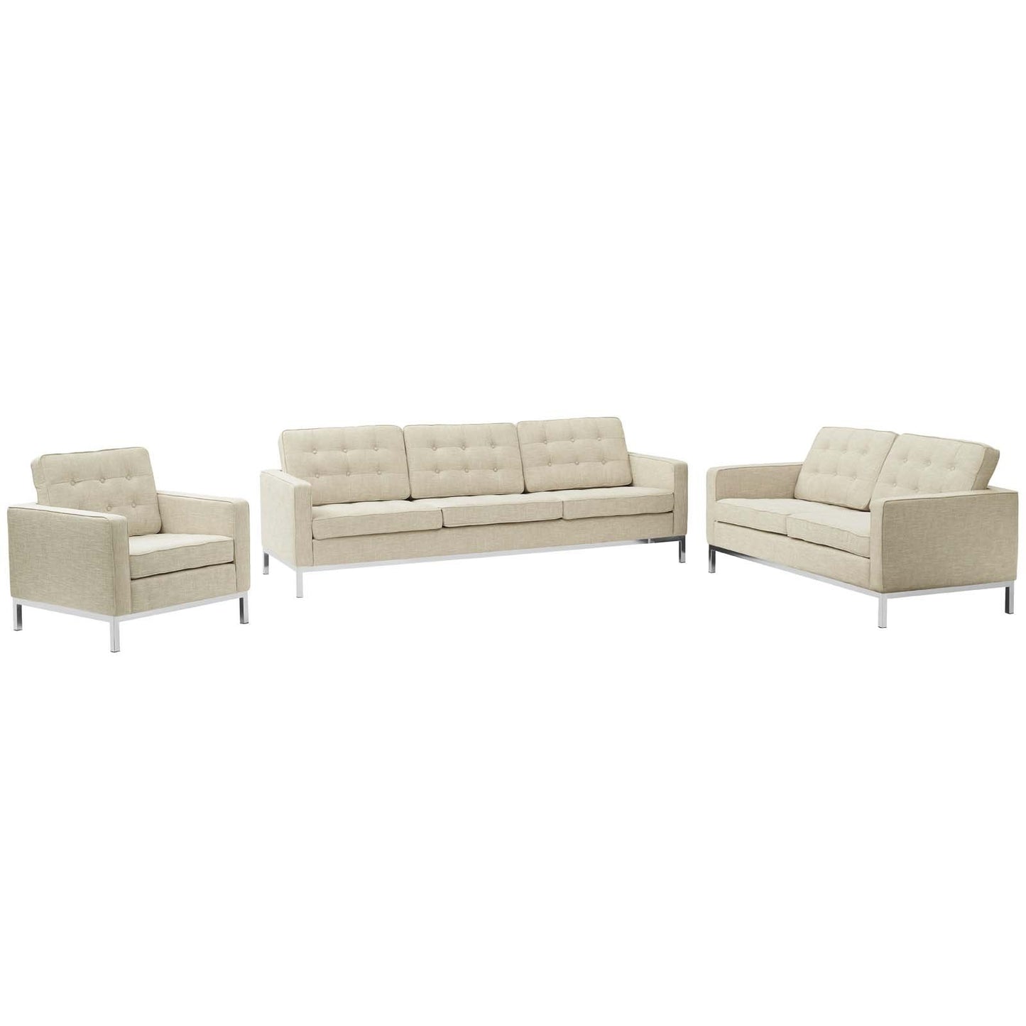 Modway Loft 3 Piece Upholstered Fabric Sofa Loveseat and Armchair Set