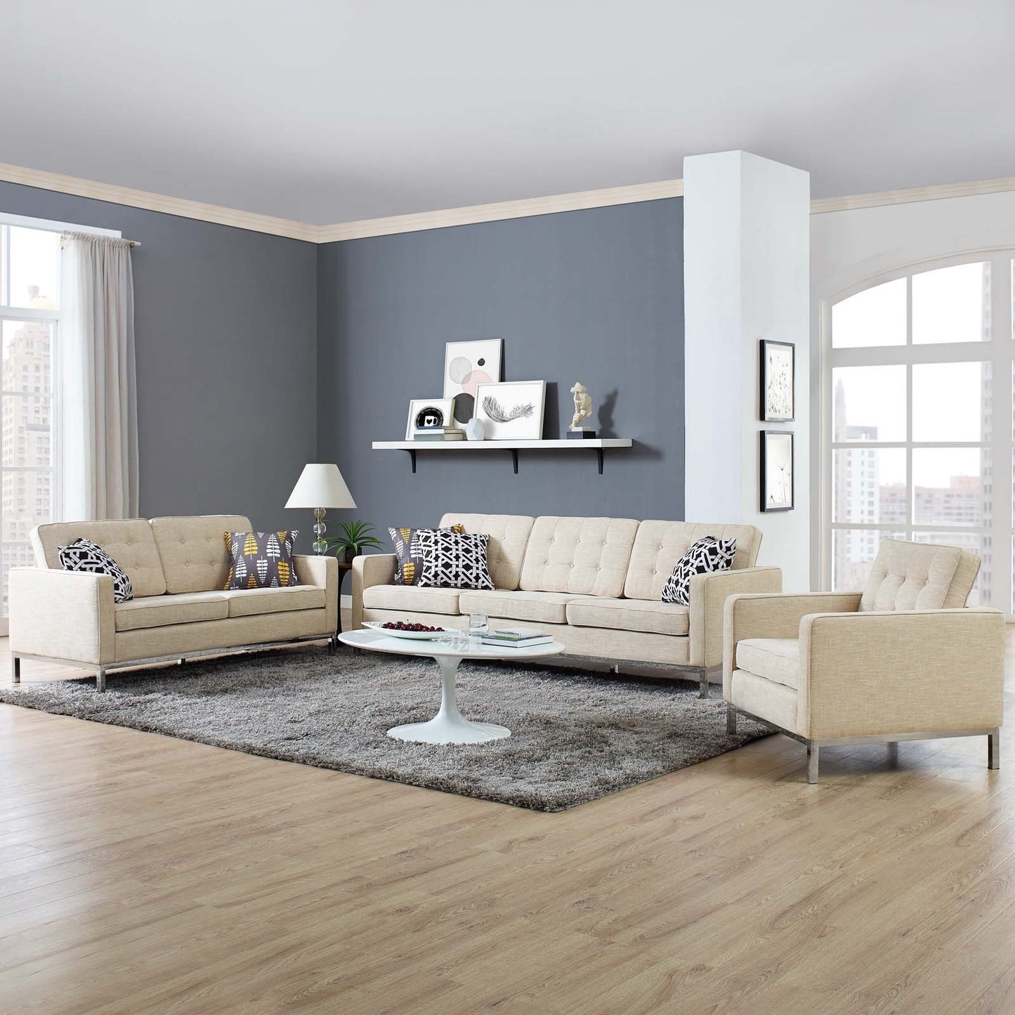 Modway Loft 3 Piece Upholstered Fabric Sofa Loveseat and Armchair Set