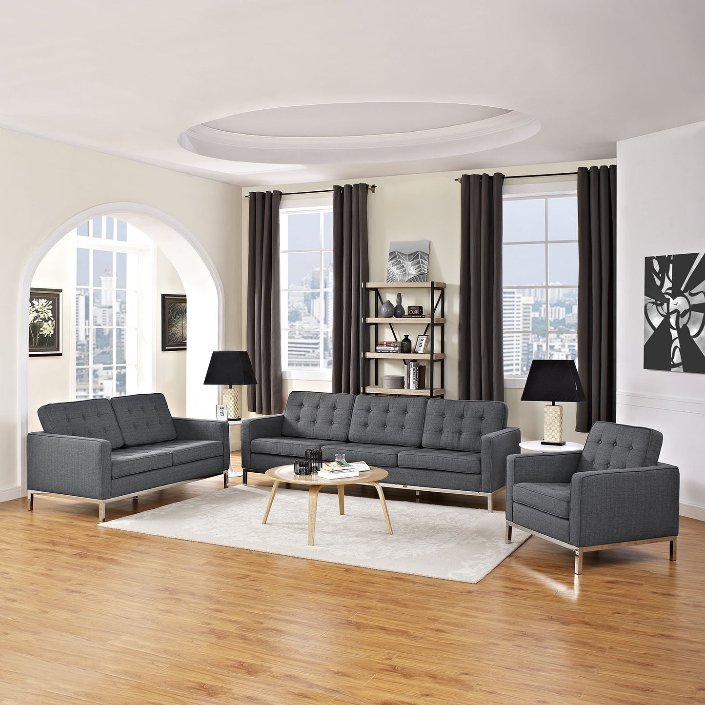 Modway Loft 3 Piece Upholstered Fabric Sofa Loveseat and Armchair Set