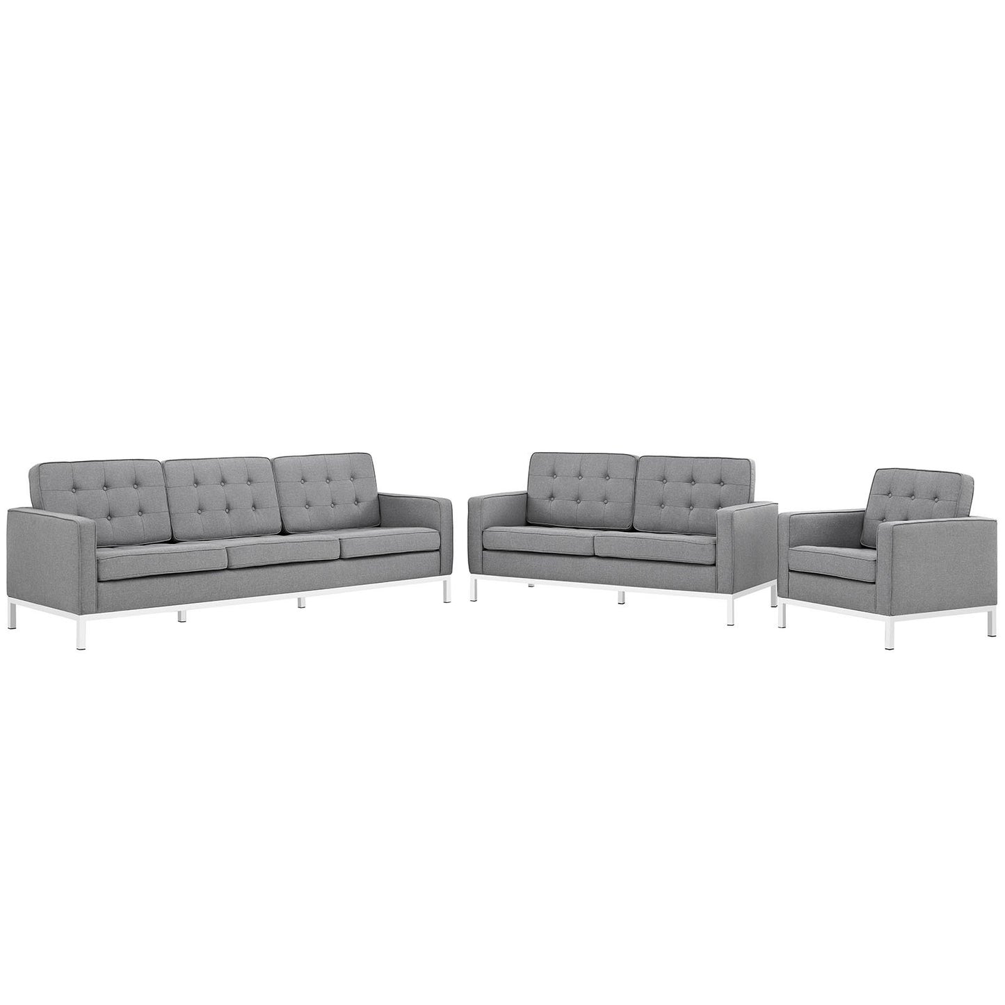 Modway Loft 3 Piece Upholstered Fabric Sofa Loveseat and Armchair Set