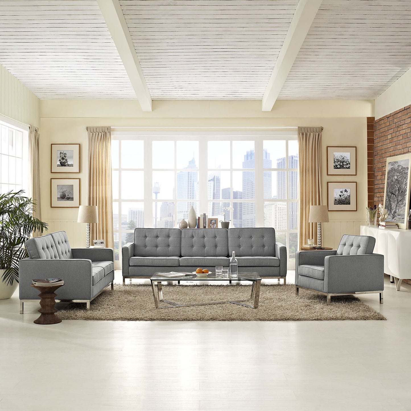 Modway Loft 3 Piece Upholstered Fabric Sofa Loveseat and Armchair Set