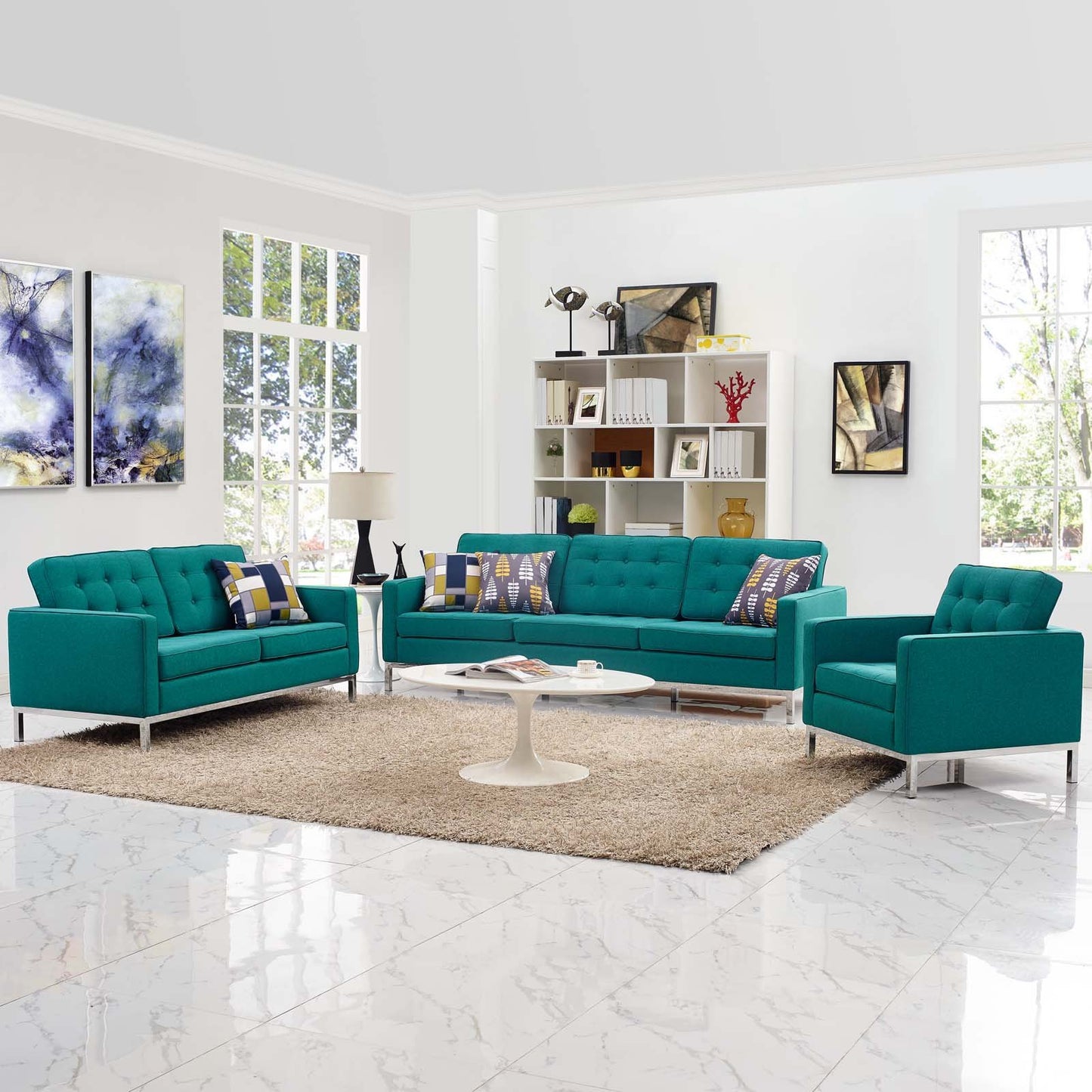 Modway Loft 3 Piece Upholstered Fabric Sofa Loveseat and Armchair Set
