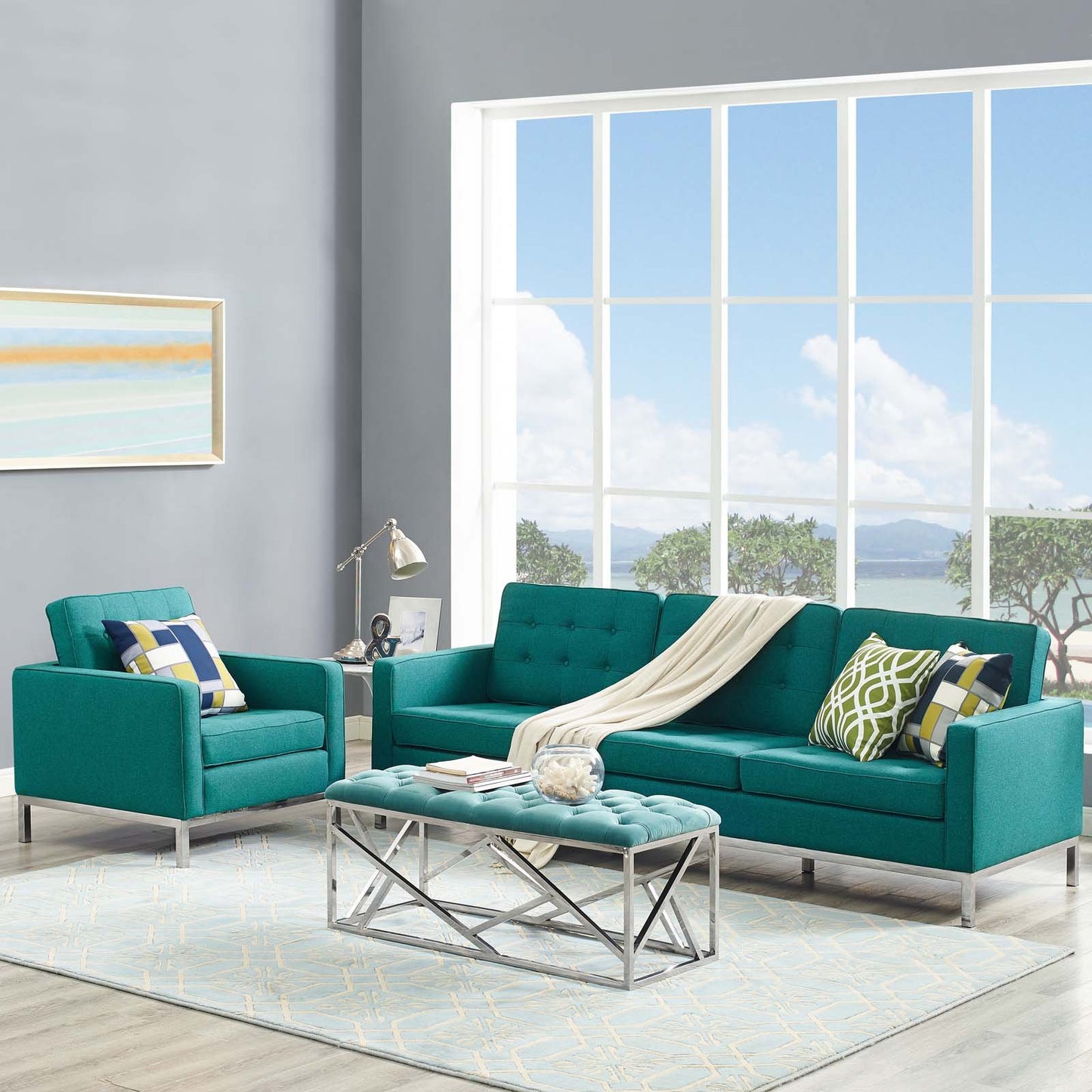 Modway Loft 2 Piece Upholstered Fabric Sofa and Armchair Set