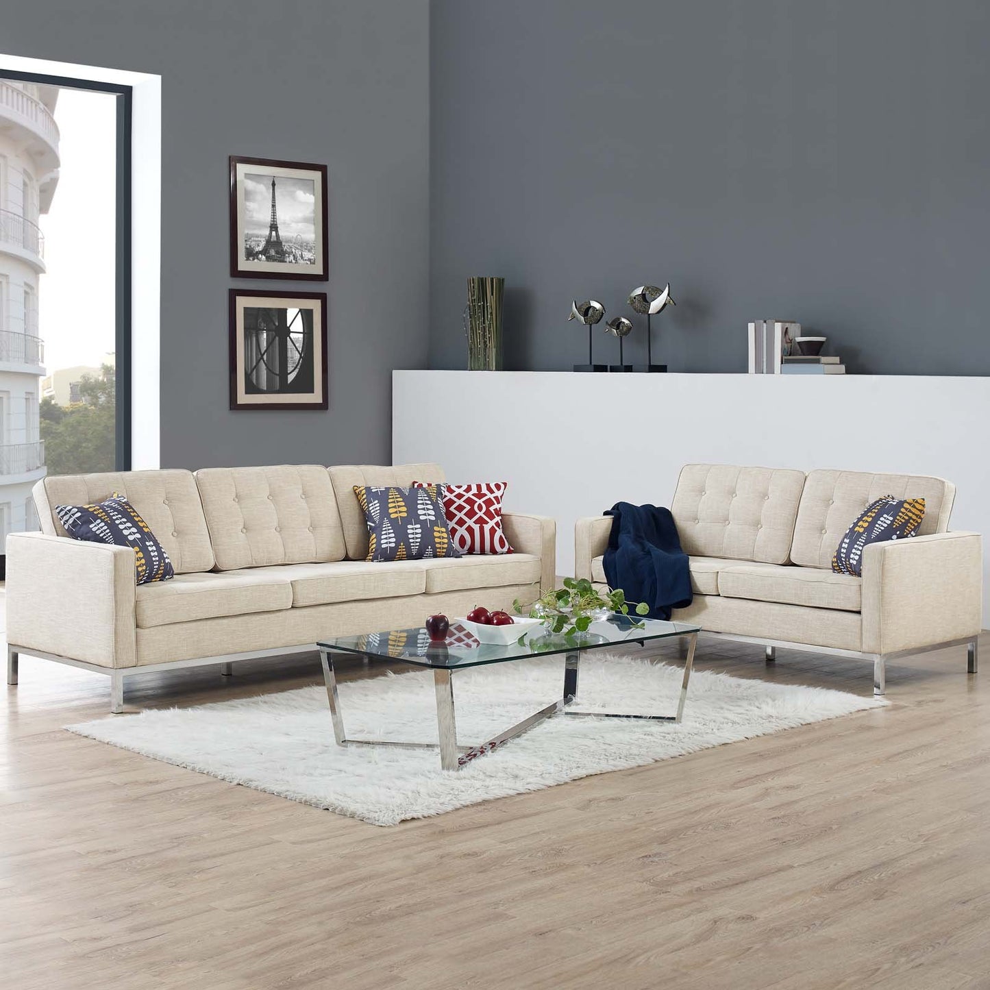 Modway Loft 2 Piece Upholstered Fabric Sofa and Loveseat Set