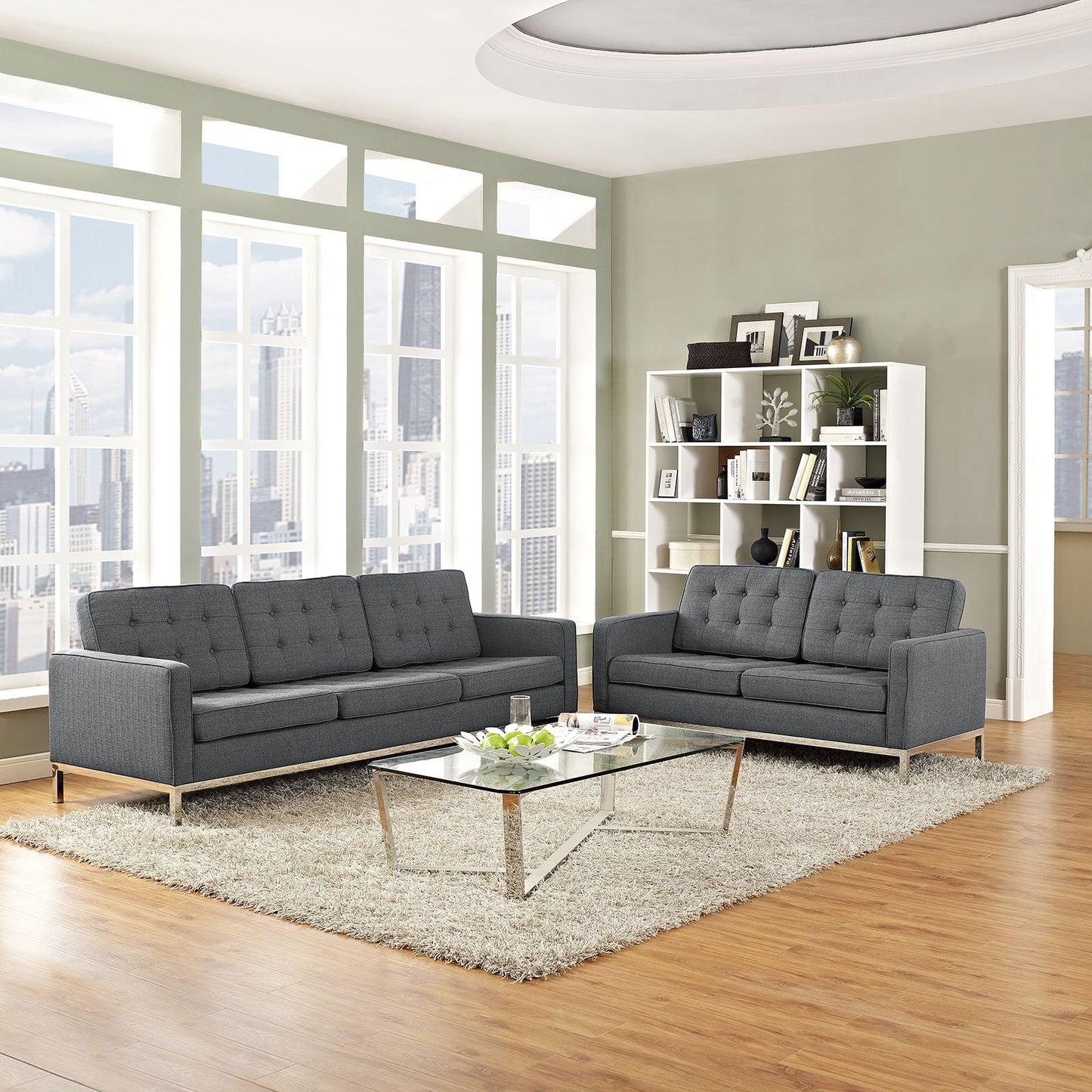 Modway Loft 2 Piece Upholstered Fabric Sofa and Loveseat Set