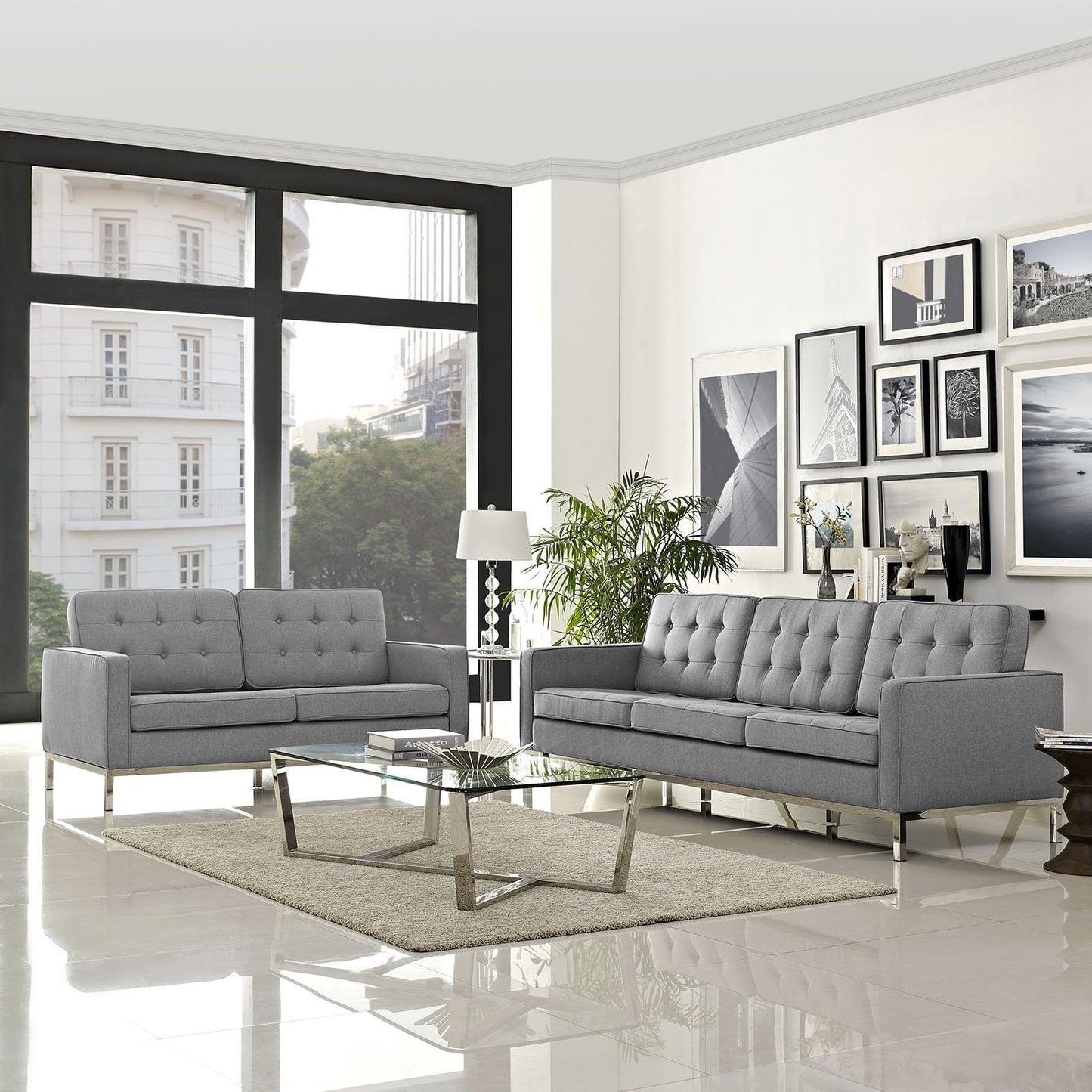 Modway Loft 2 Piece Upholstered Fabric Sofa and Loveseat Set