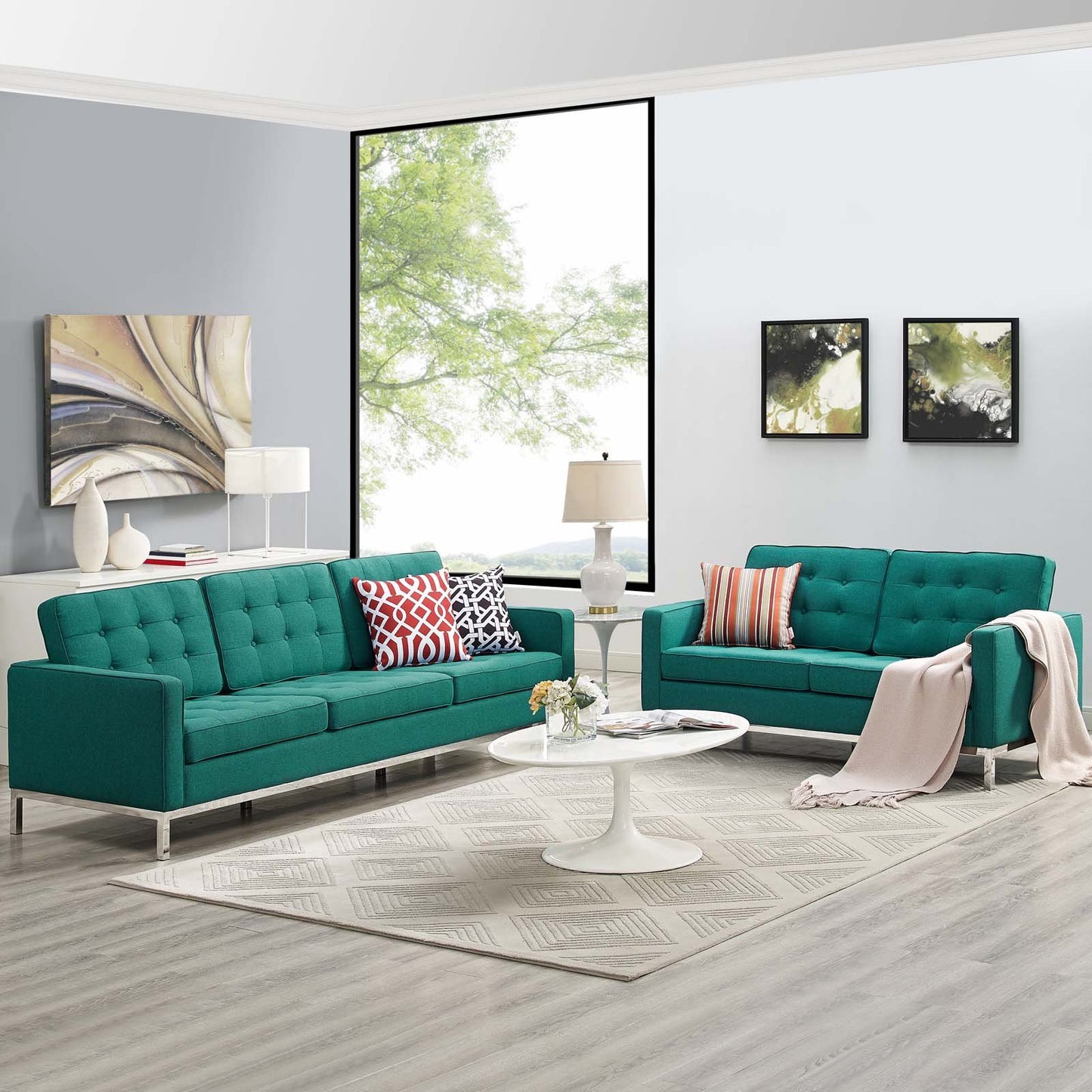 Modway Loft 2 Piece Upholstered Fabric Sofa and Loveseat Set