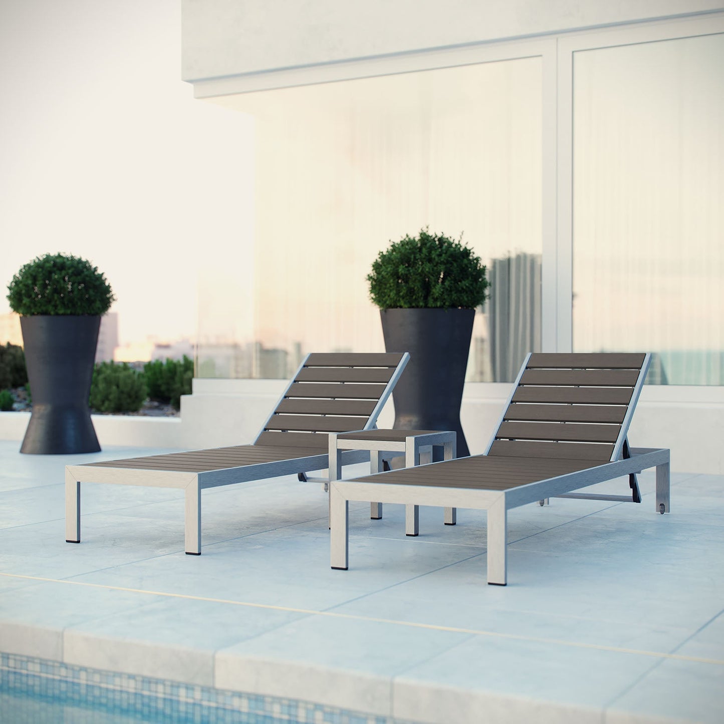 Modway EEI-2466 Shore 3 Piece Outdoor Patio Aluminum Set - Silver Gray | Outdoor Recliners & Lounge Chairs