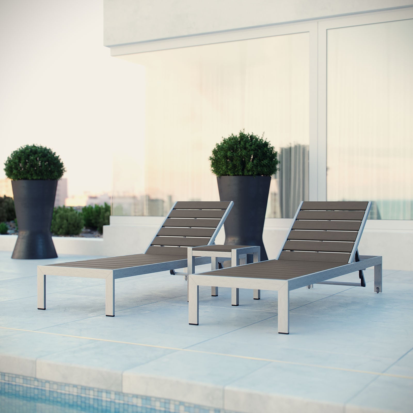 Modway EEI-2466 Shore 3 Piece Outdoor Patio Aluminum Set - Silver Gray | Outdoor Recliners & Lounge Chairs