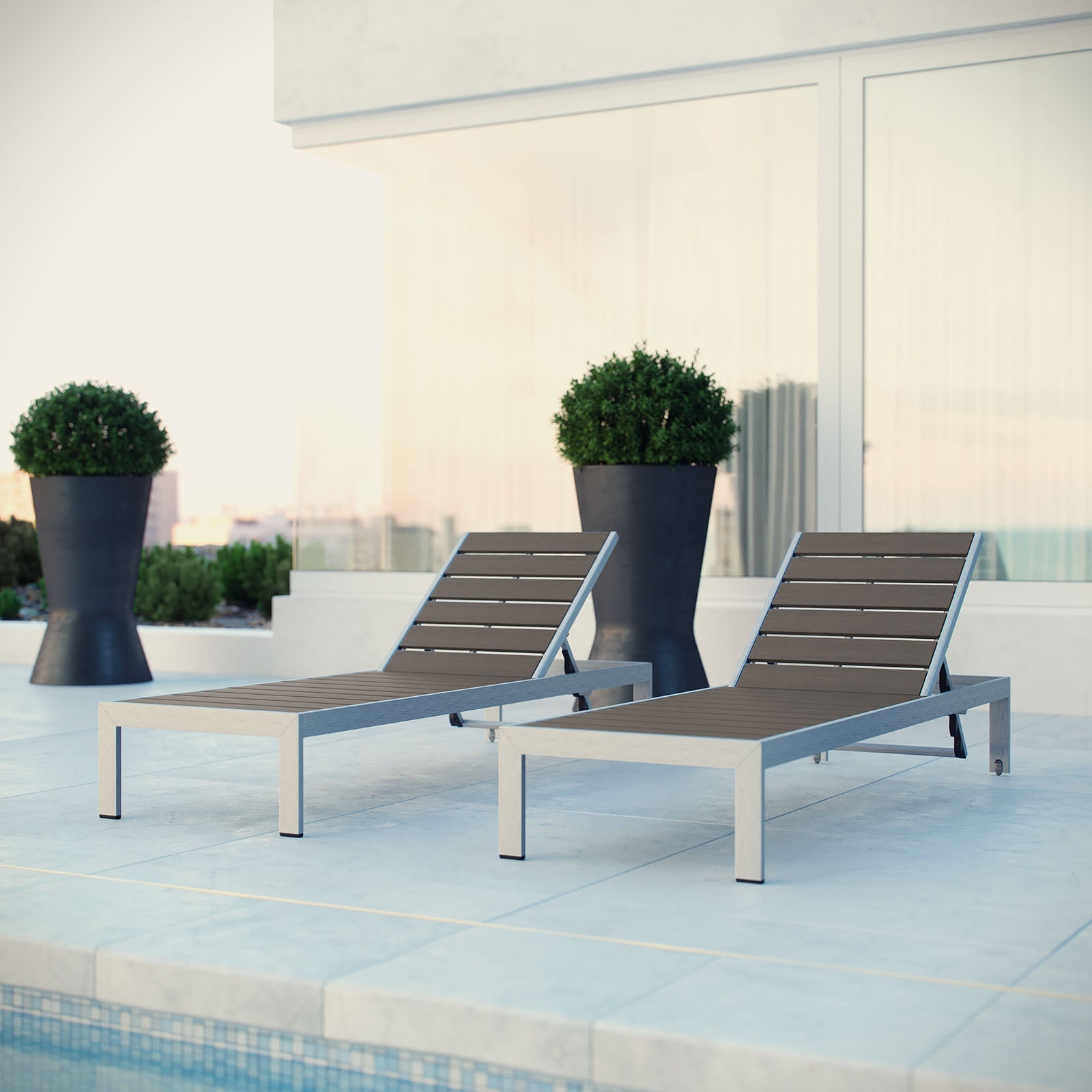Modway EEI-2467 Shore Set of 2 Outdoor Patio Aluminum Chaise - Silver Gray | Outdoor Recliners & Lounge Chairs