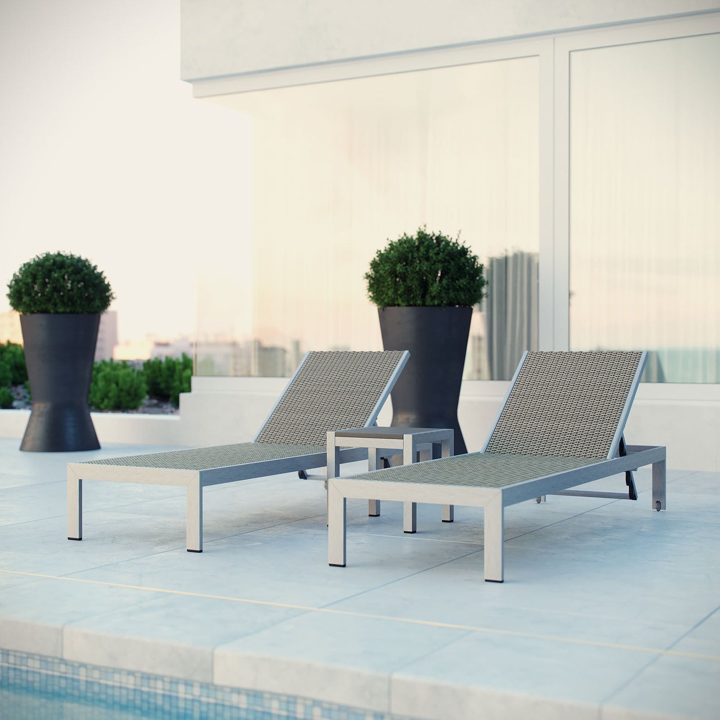 Modway EEI-2476 Shore 3 Piece Outdoor Patio Aluminum Set - Silver Gray | Outdoor Recliners & Lounge Chairs