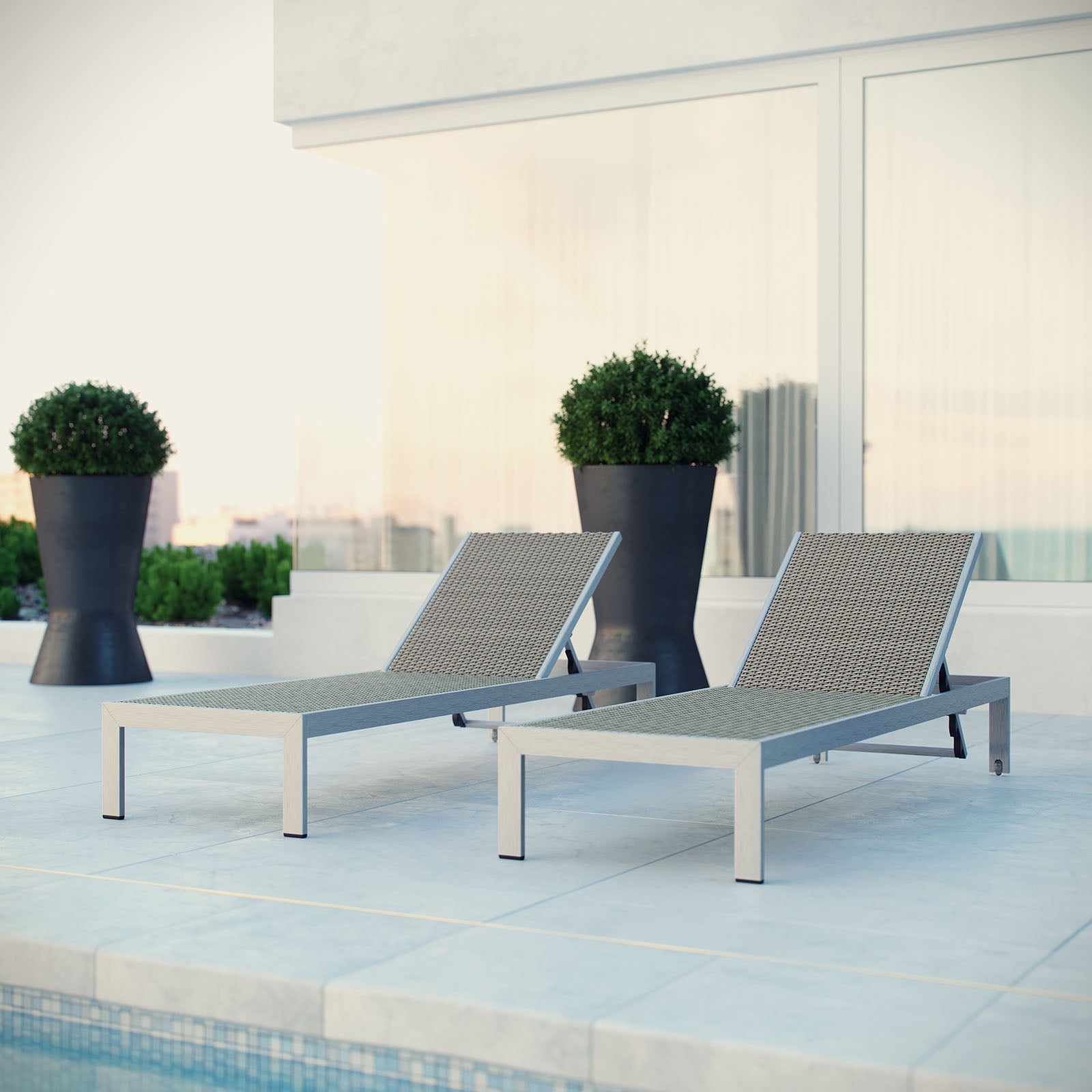 Modway EEI-2477 Shore Set of 2 Outdoor Patio Aluminum Chaise - Silver Gray | Outdoor Recliners & Lounge Chairs
