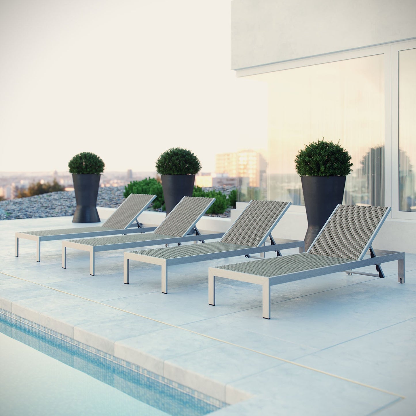 Modway EEI-2478 Shore Set of 4 Outdoor Patio Aluminum Chaise - Silver Gray | Outdoor Recliners & Lounge Chairs