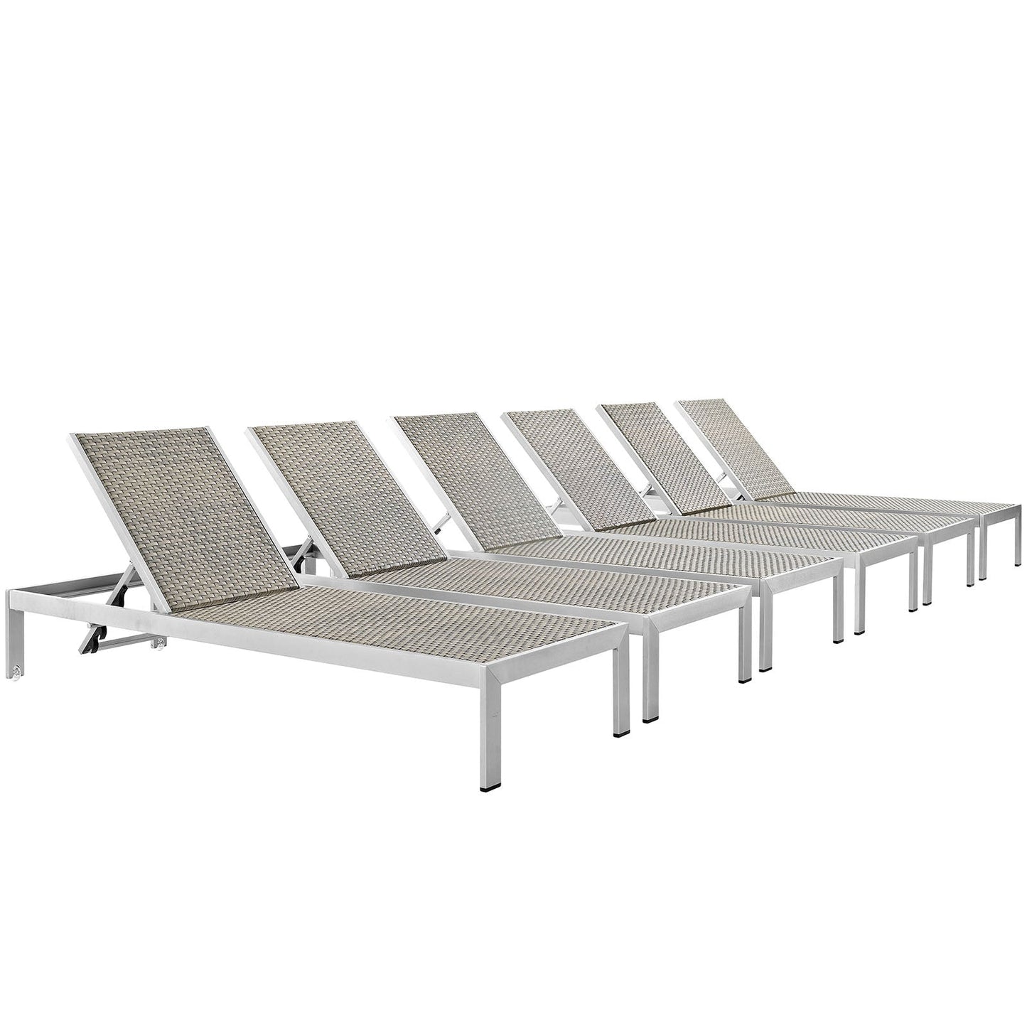 Modway EEI-2479 Shore Set of 6 Outdoor Patio Aluminum Chaise - Silver Gray | Outdoor Recliners & Lounge Chairs | 