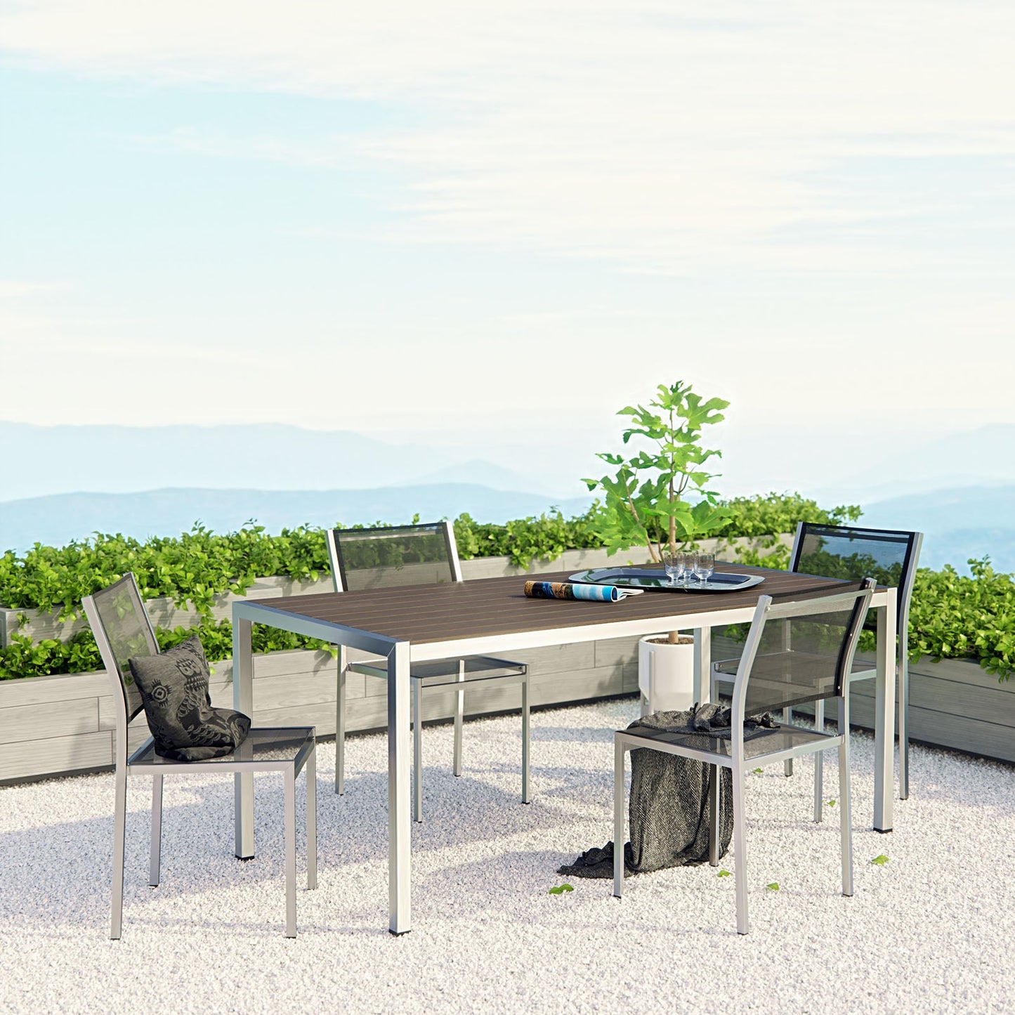 Modway EEI-2482 Shore 5 Piece Outdoor Patio Aluminum Dining Set - Silver Black | Dining Sets