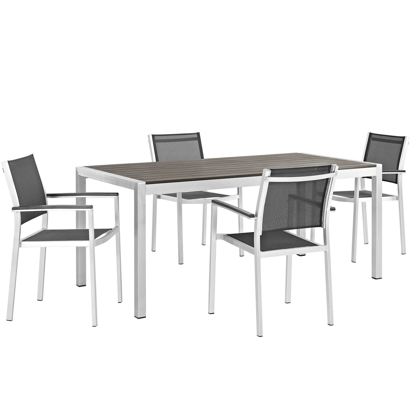 Modway EEI-2483 Shore 5 Piece Outdoor Patio Aluminum Dining Set - Silver Black | Dining Sets | 