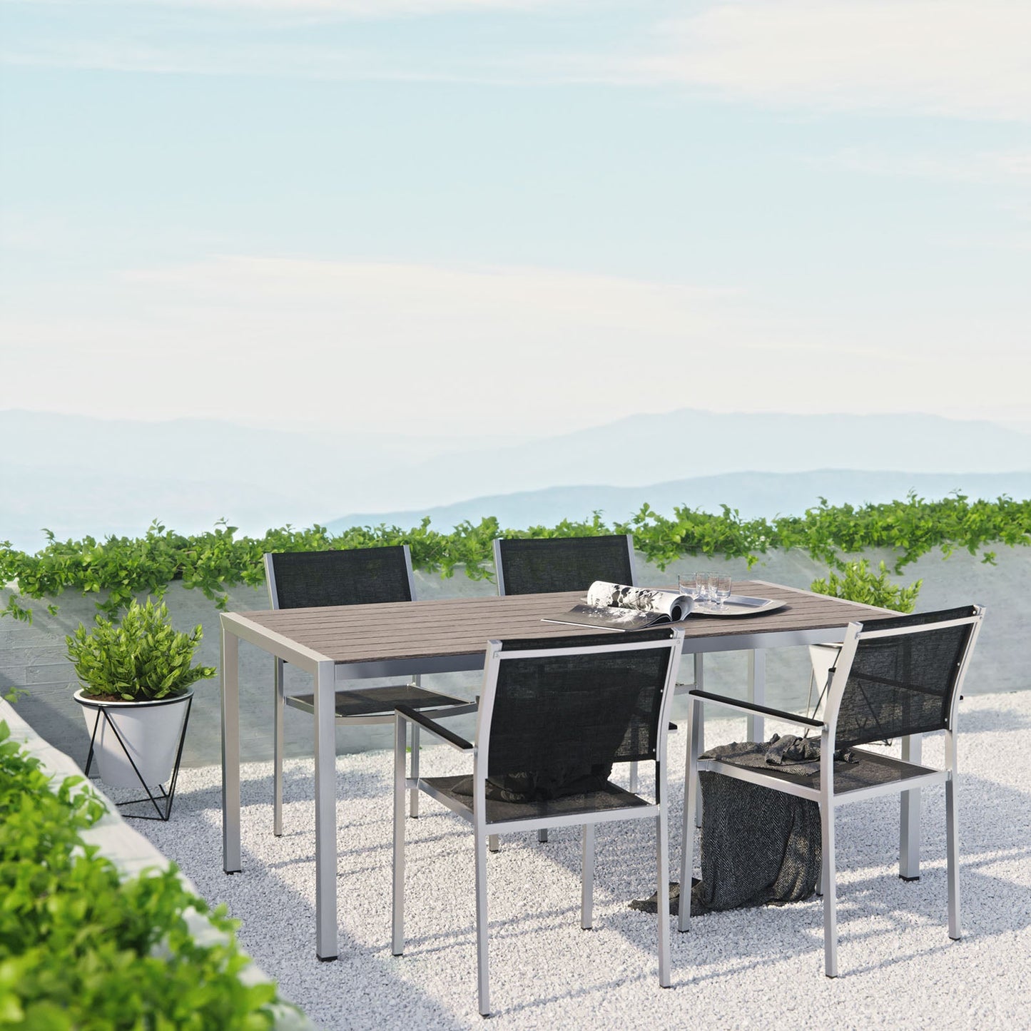Modway EEI-2483 Shore 5 Piece Outdoor Patio Aluminum Dining Set - Silver Black | Dining Sets