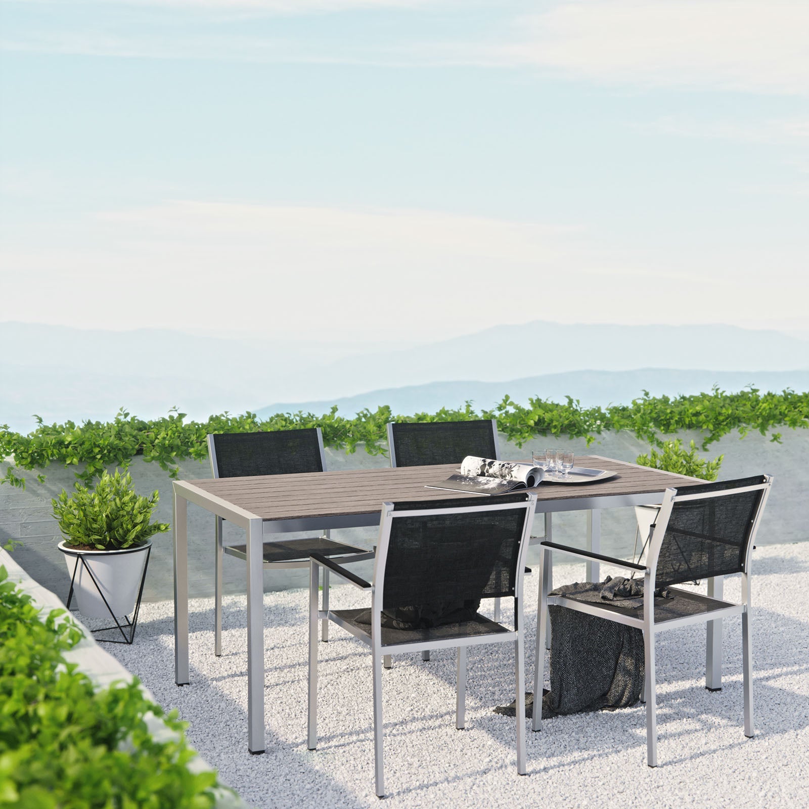 Modway EEI-2483 Shore 5 Piece Outdoor Patio Aluminum Dining Set - Silver Black | Dining Sets