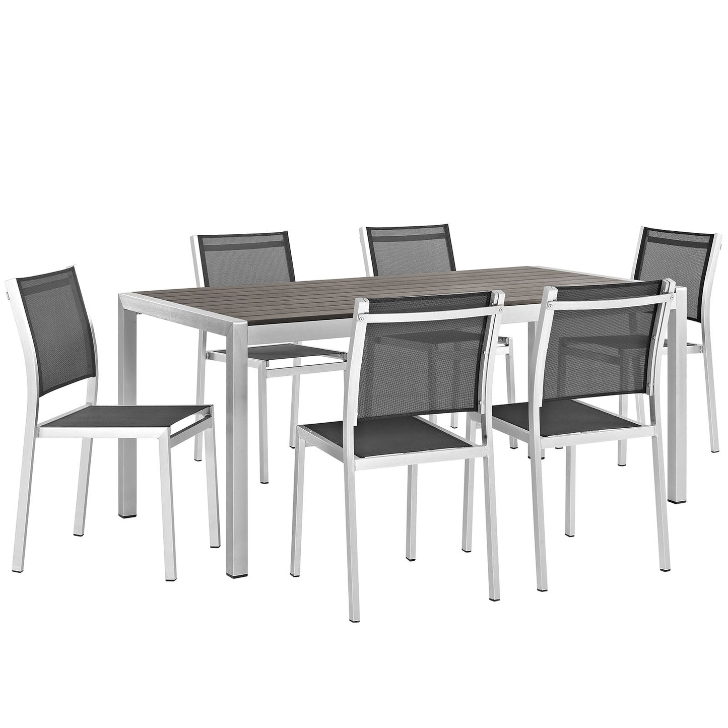 Modway EEI-2485 Shore 7 Piece Outdoor Patio Aluminum Dining Set - Silver Black | Dining Sets | 