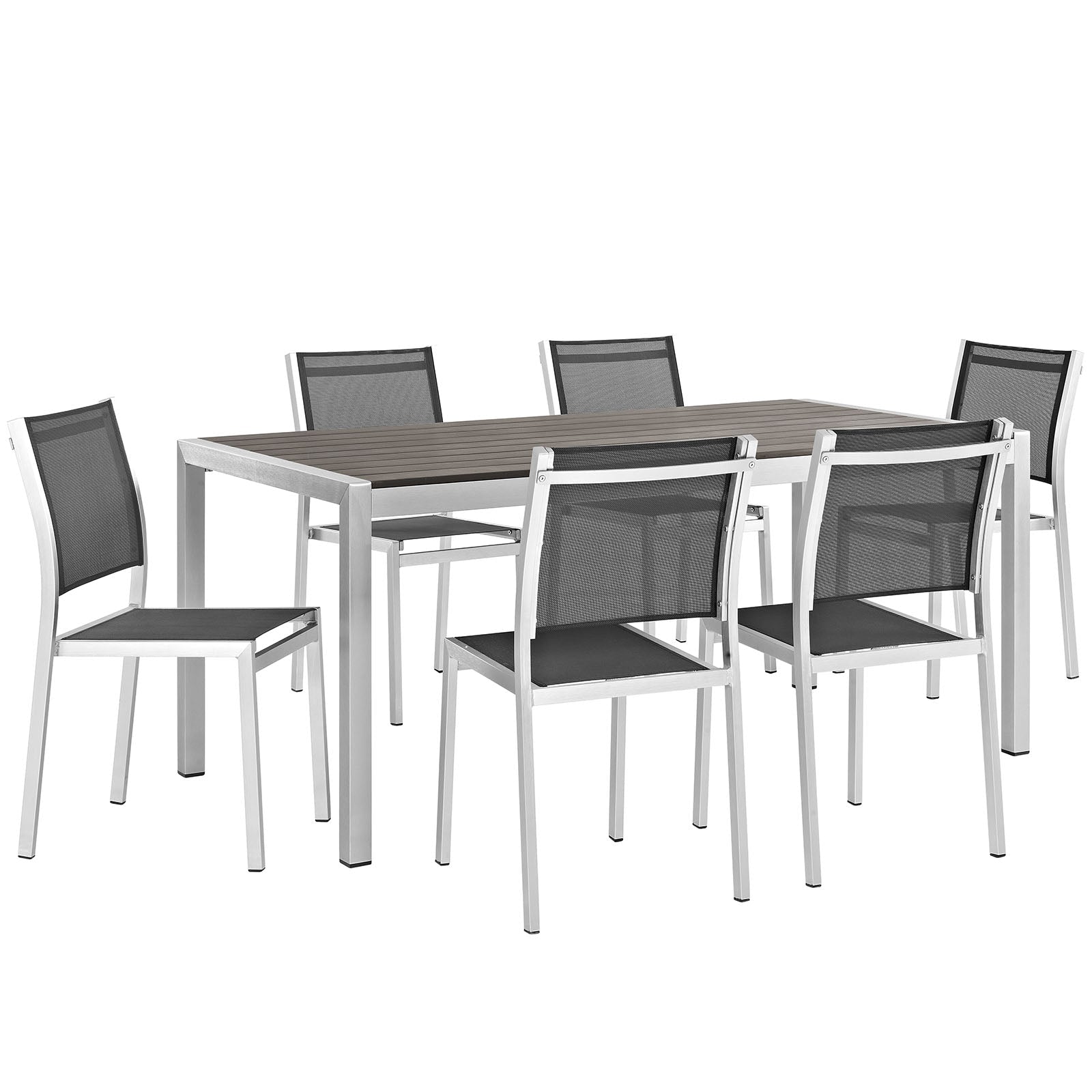 Modway EEI-2485 Shore 7 Piece Outdoor Patio Aluminum Dining Set - Silver Black | Dining Sets | 