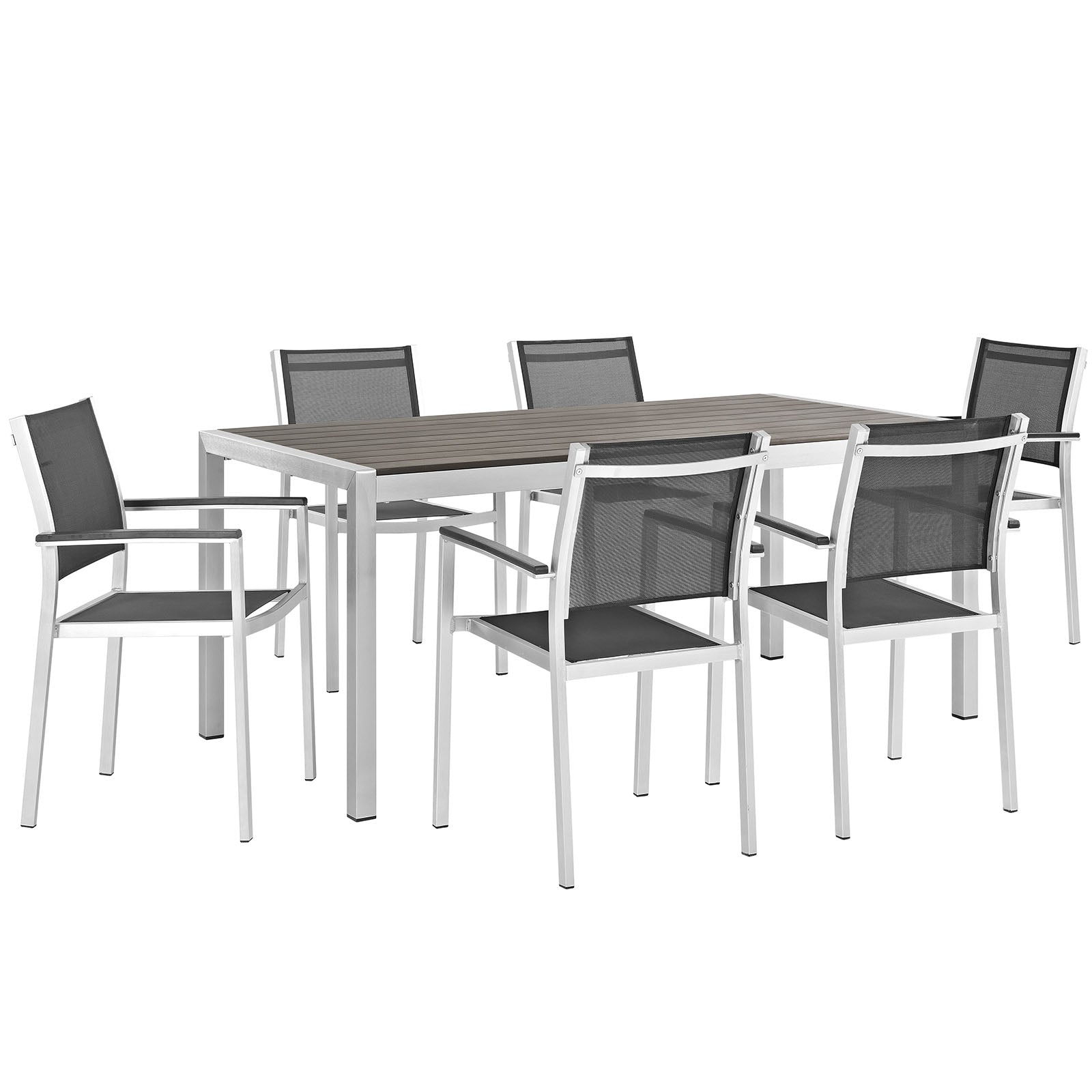 Modway EEI-2486 Shore 7 Piece Outdoor Patio Aluminum Dining Set - Silver Black | Dining Sets | 