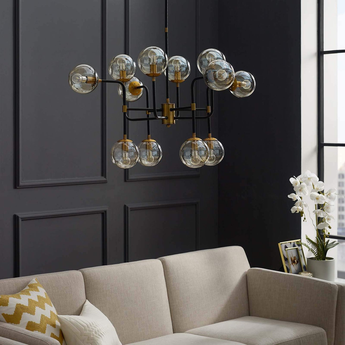 Modway Ambition Amber Glass And Antique Brass 12 Lights Pendant Chandelier