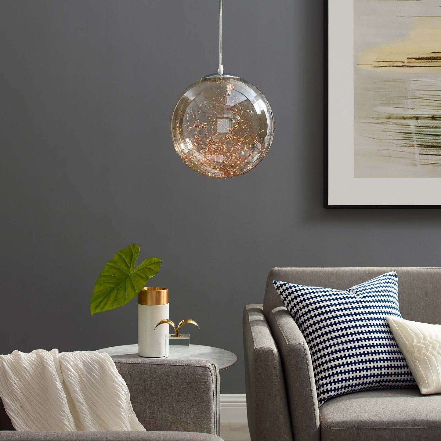 Modway Fairy Amber Glass Globe Ceiling Light Pendant Chandelier