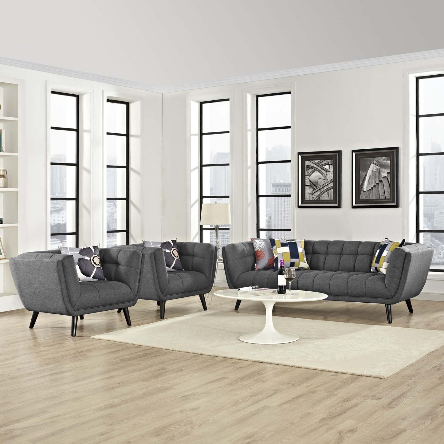 Modway Bestow 3 Piece Upholstered Fabric Sofa and Armchair Set