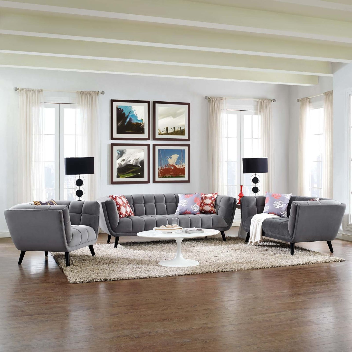 Modway Bestow 3 Piece Performance Velvet Sofa Loveseat and Armchair Set