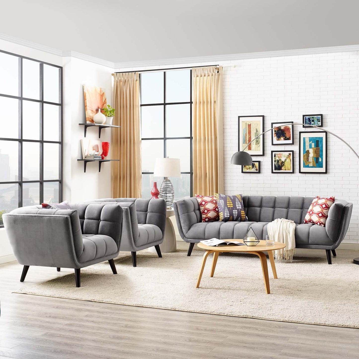 Modway Bestow 3 Piece Performance Velvet Sofa and Armchair Set
