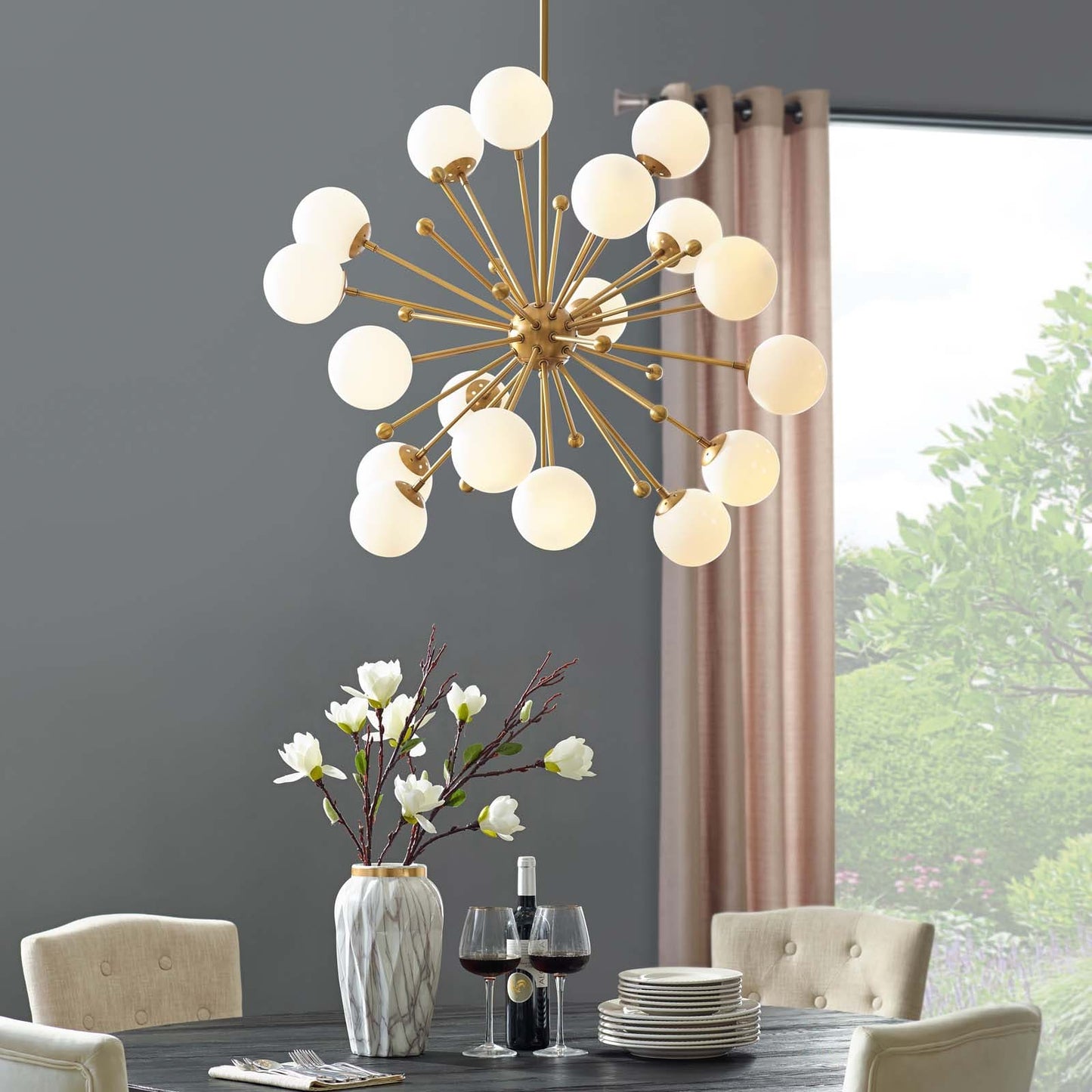 Modway Constellation White Glass and Brass Pendant Chandelier | Chandeliers