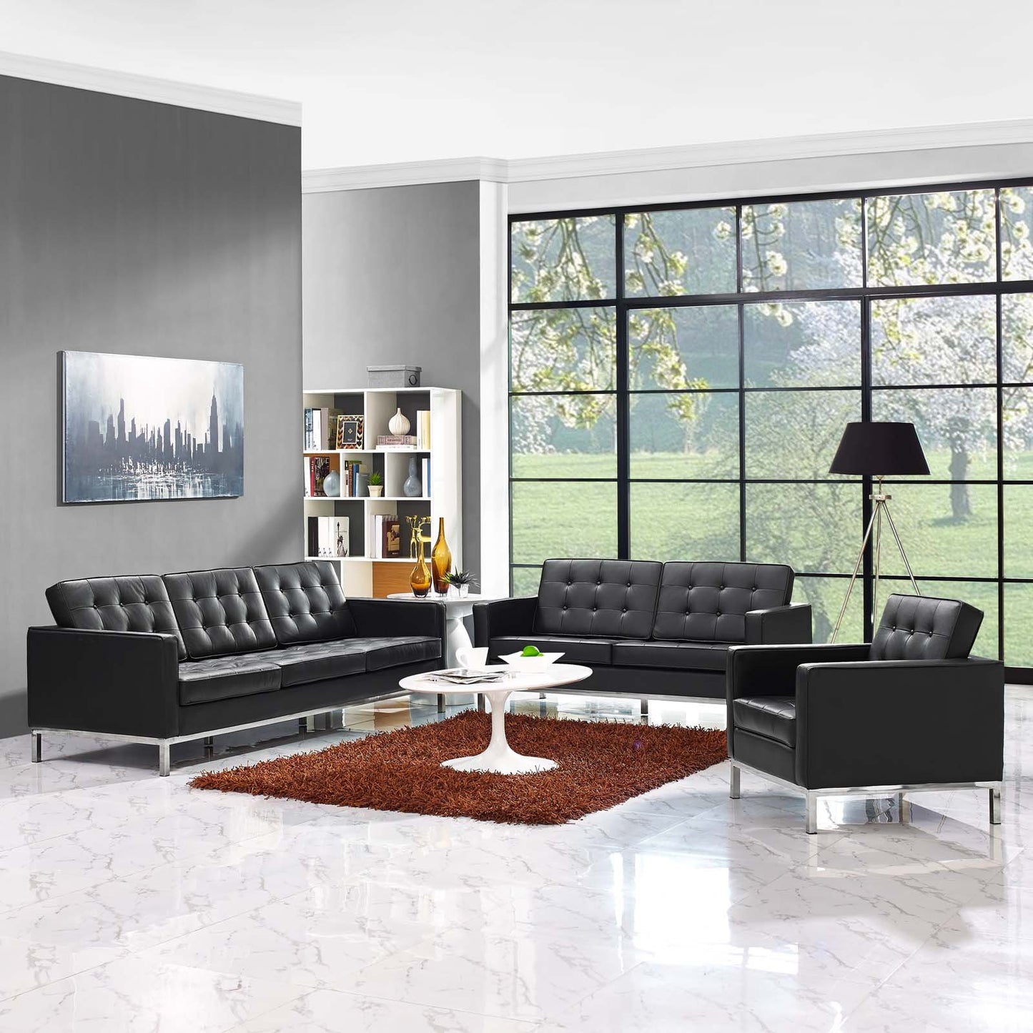 Modway Loft 3 Piece Leather Sofa Loveseat and Armchair Set