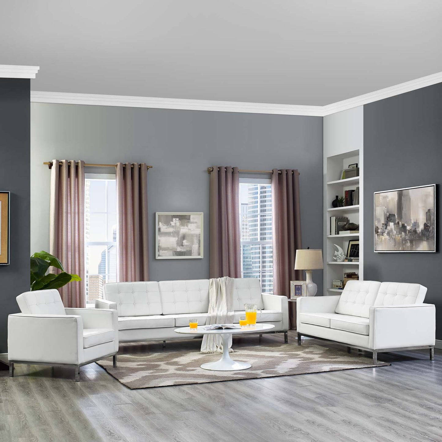 Modway Loft 3 Piece Leather Sofa Loveseat and Armchair Set