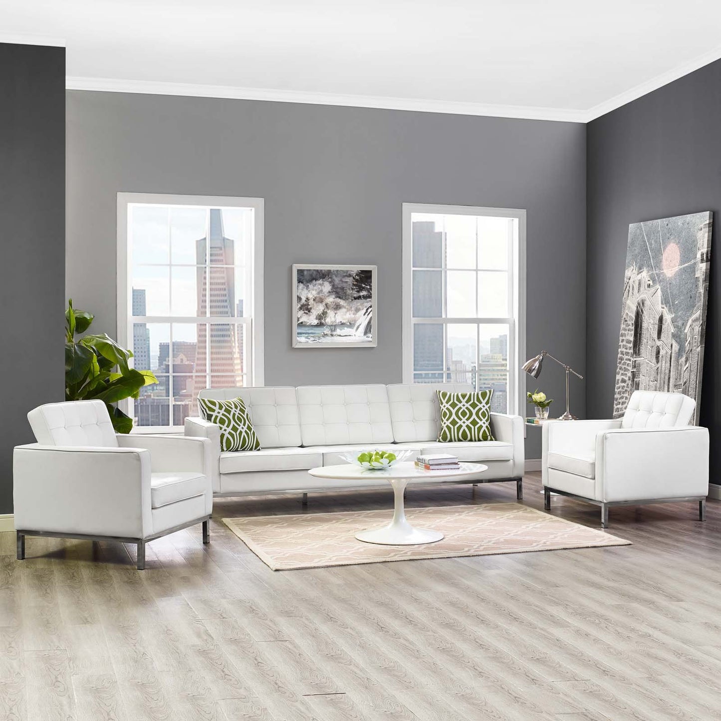 Modway Loft 3 Piece Leather Sofa and Armchair Set