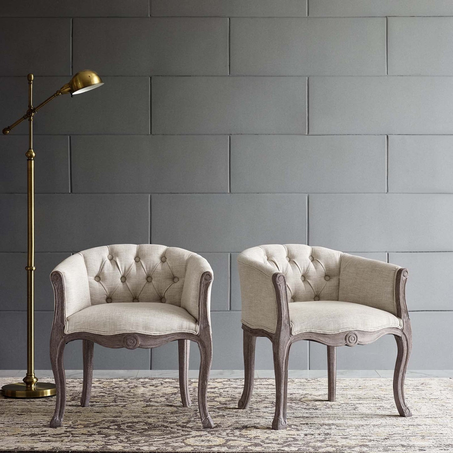 Modway Crown Vintage French Upholstered Fabric Dining Armchair Set of 2 | Dining Chairs