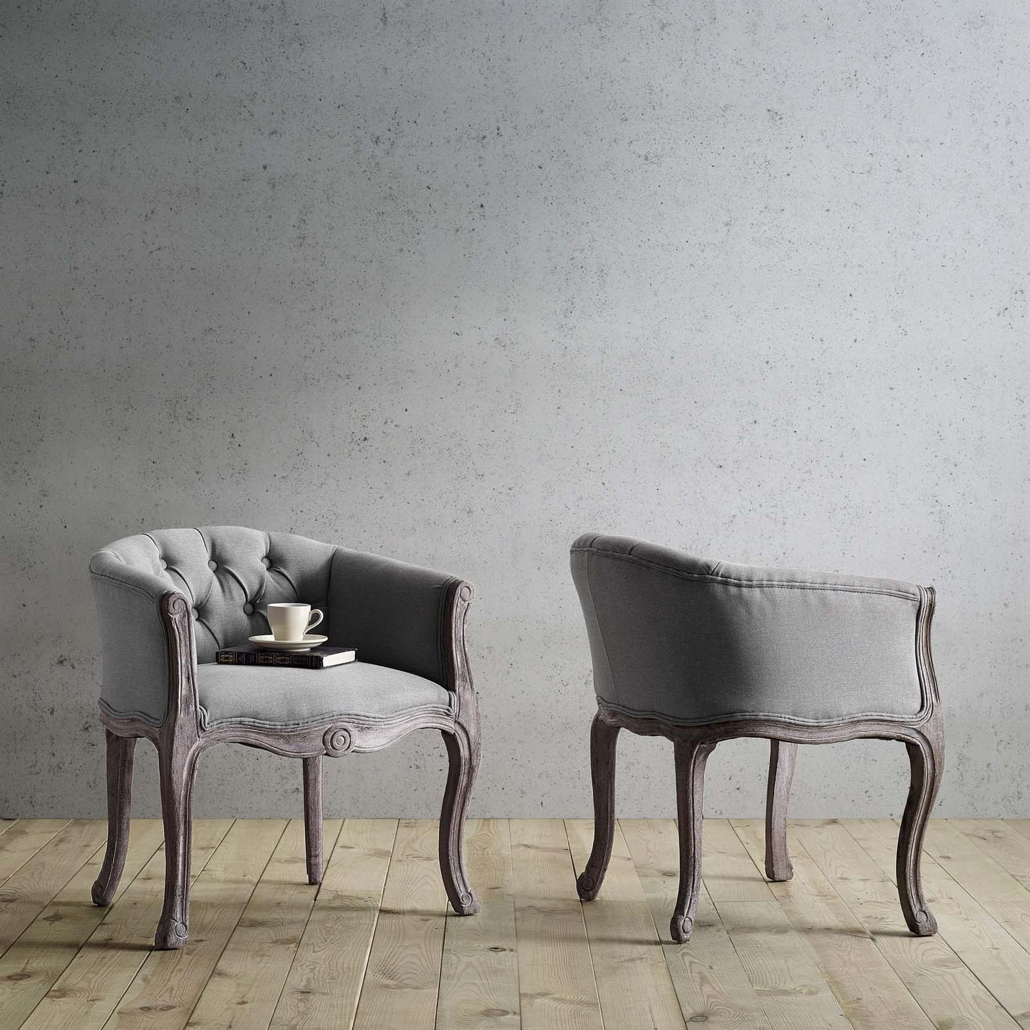Modway Crown Vintage French Upholstered Fabric Dining Armchair Set of 2 | Dining Chairs | 