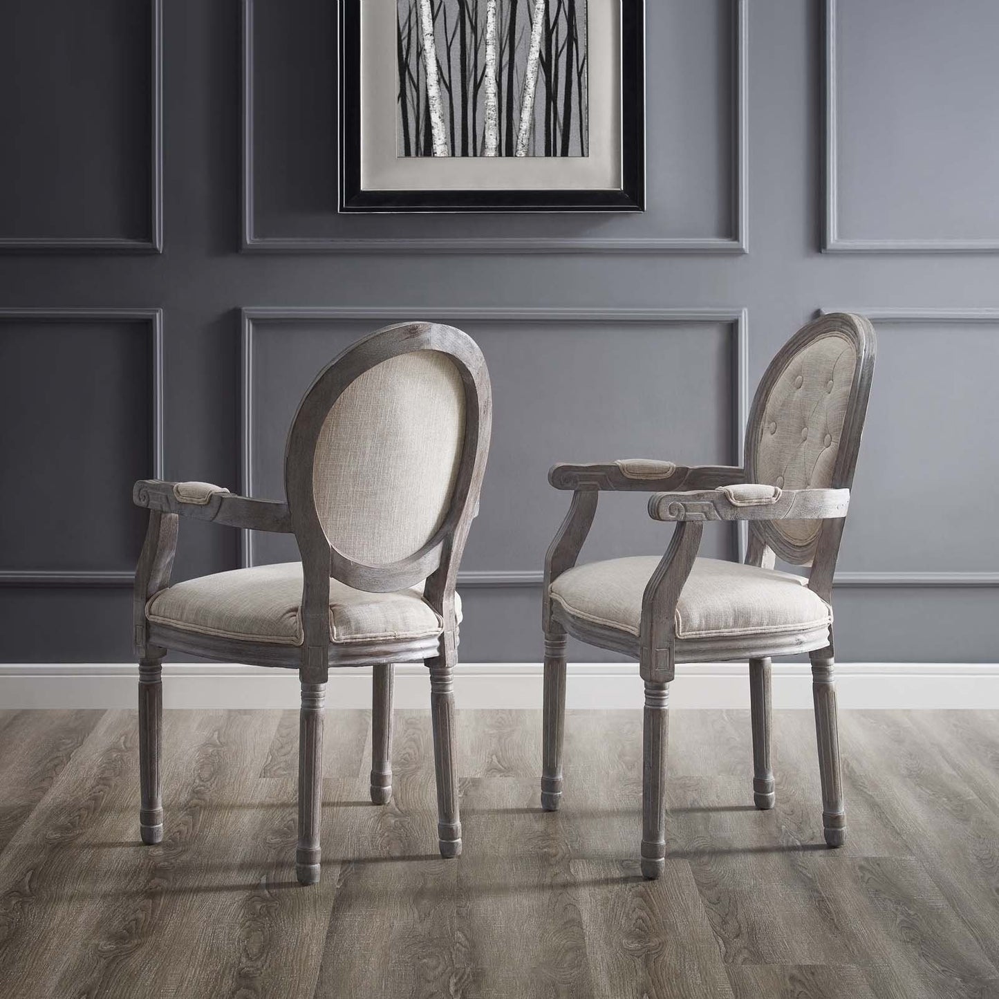 Modway Arise Vintage French Upholstered Fabric Dining Armchair Set of 2