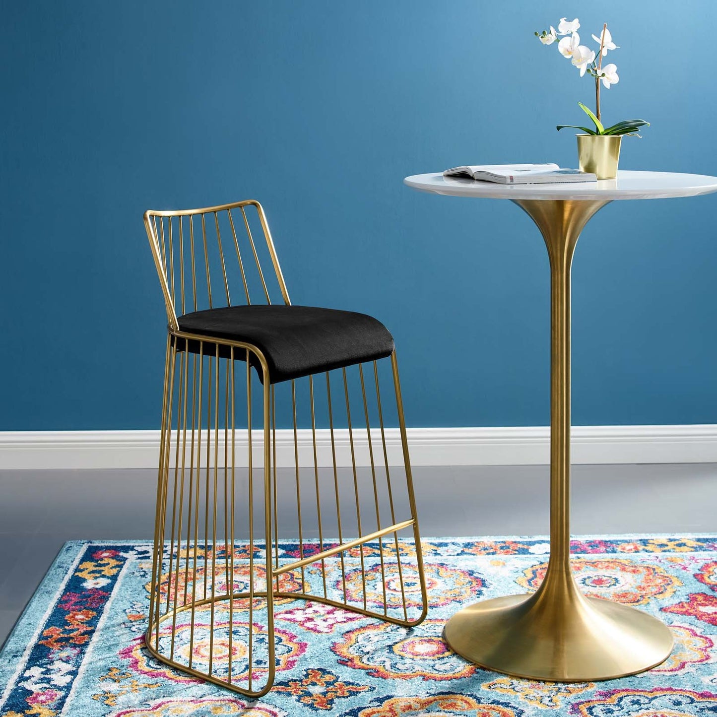 Modway Rivulet Gold Stainless Steel Upholstered Velvet Bar Stool