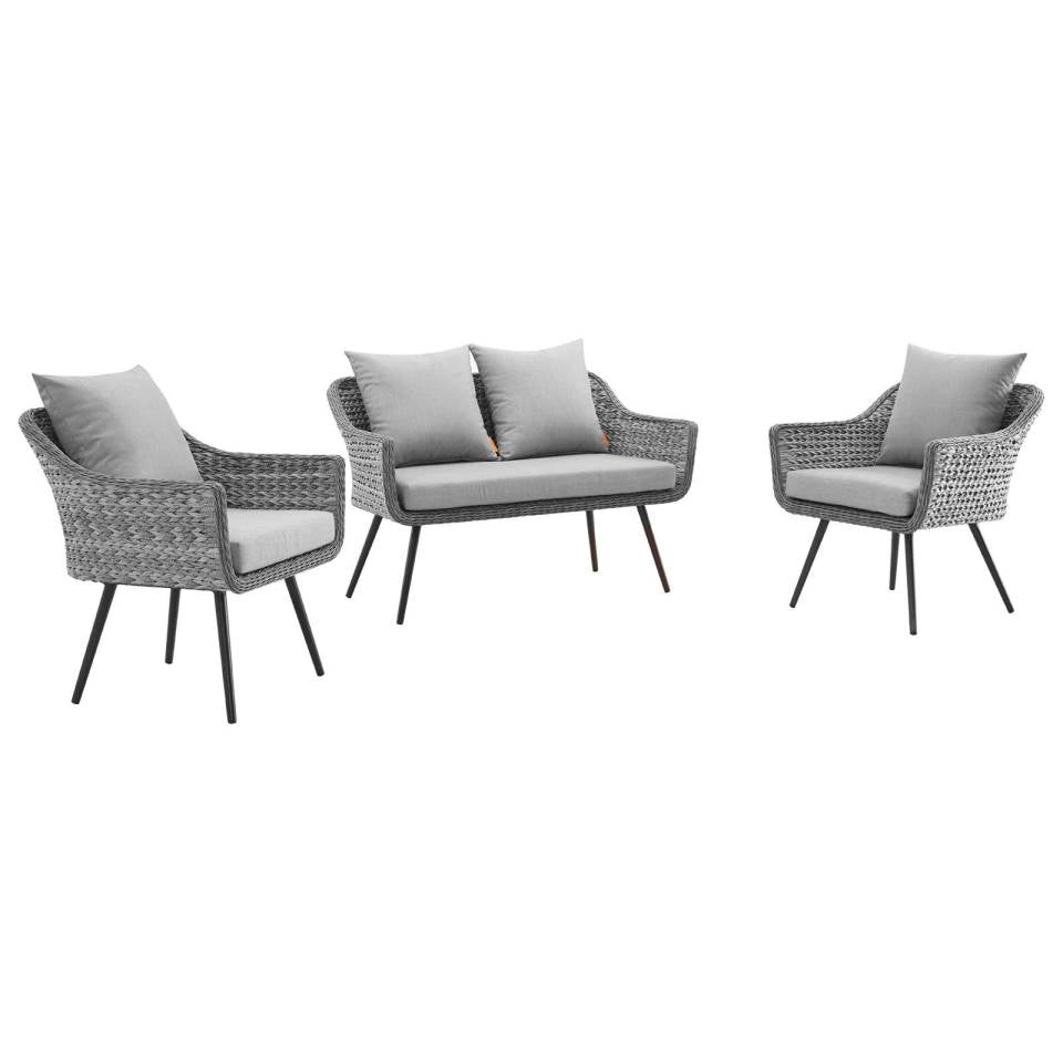 Modway Endeavor 3 Piece Outdoor Patio Wicker Rattan Loveseat and Armchair Set | Armchairs | 